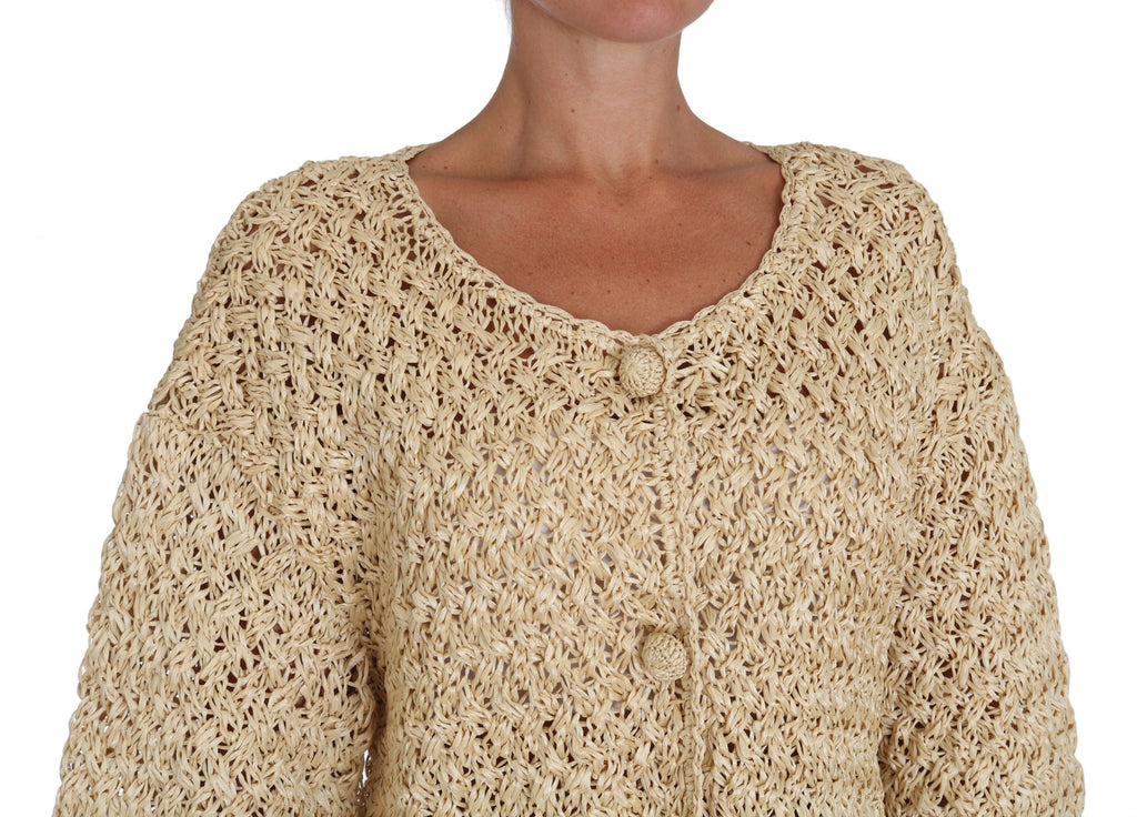 Dolce & Gabbana Cardigan Beige au Crochet en Maille de Rafia