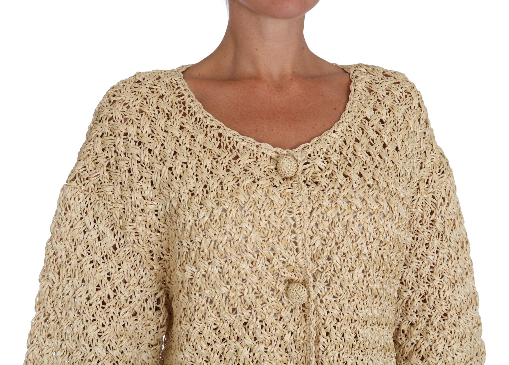 Dolce & Gabbana Cardigan Beige au Crochet en Maille de Rafia