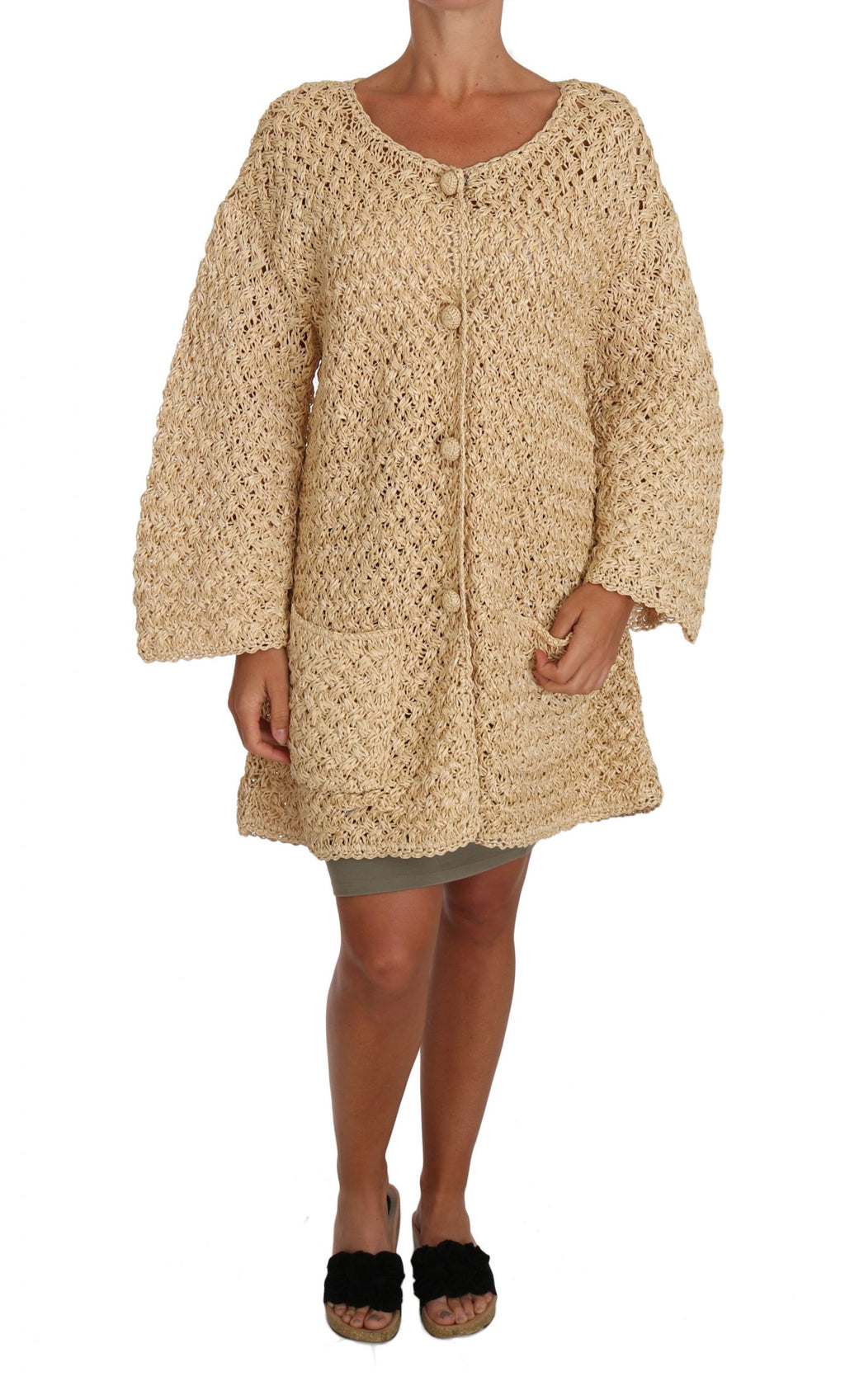 Dolce & Gabbana Cardigan Beige au Crochet en Maille de Rafia