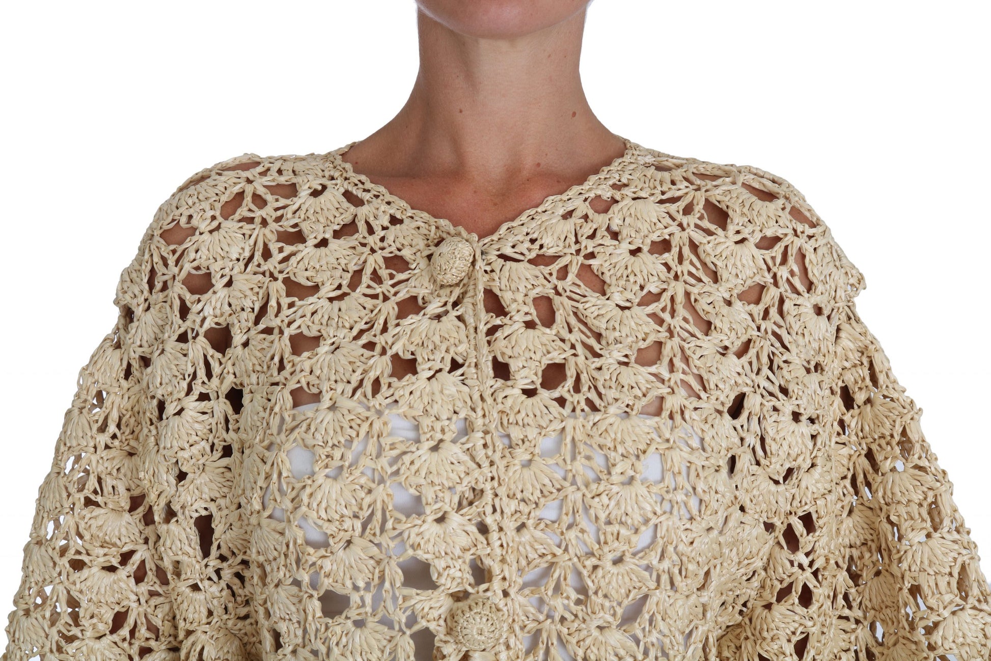 Dolce & Gabbana Cardigan Beige au Crochet en Maille de Rafia