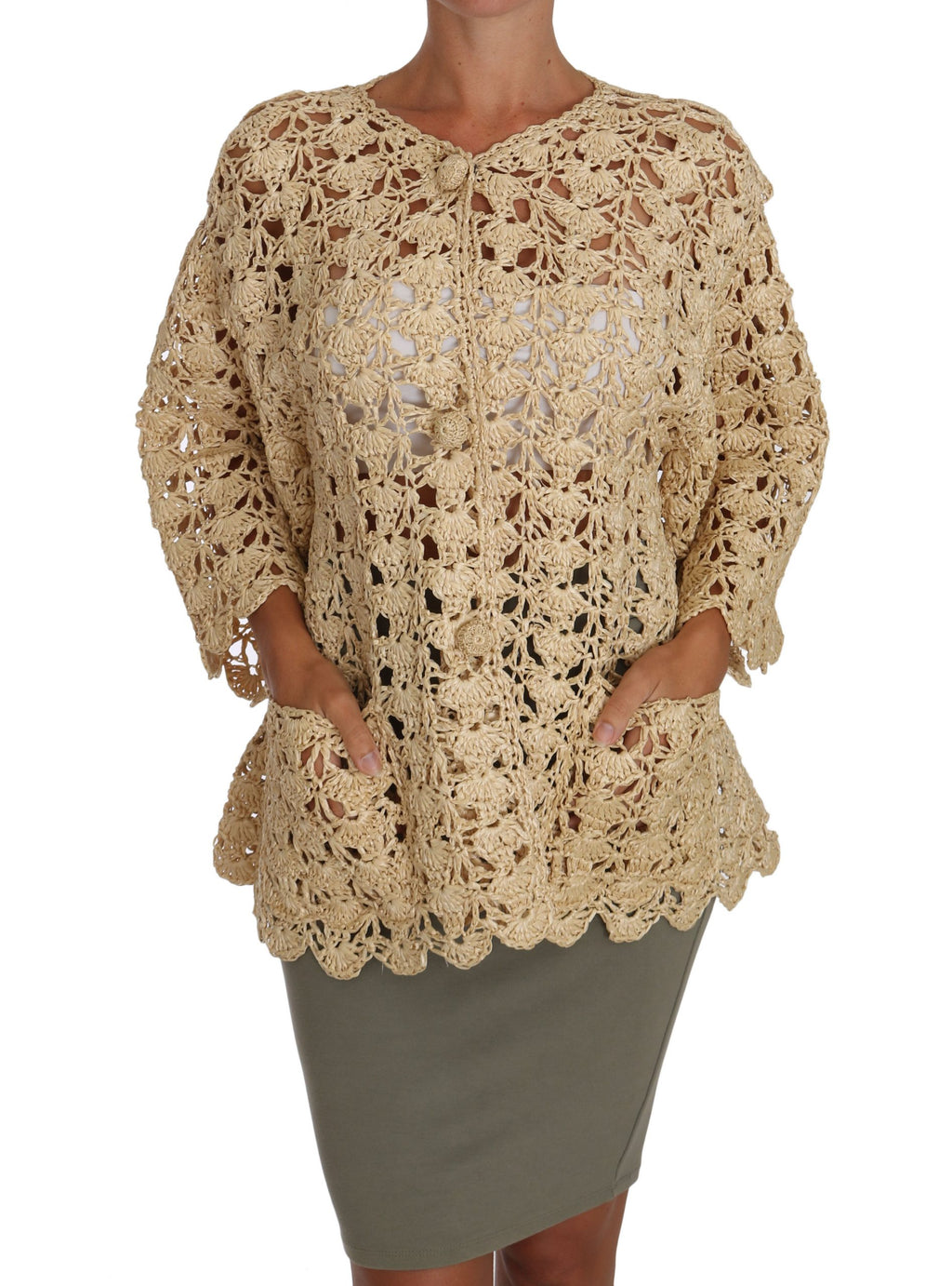 Dolce & Gabbana Cardigan Beige au Crochet en Maille de Rafia