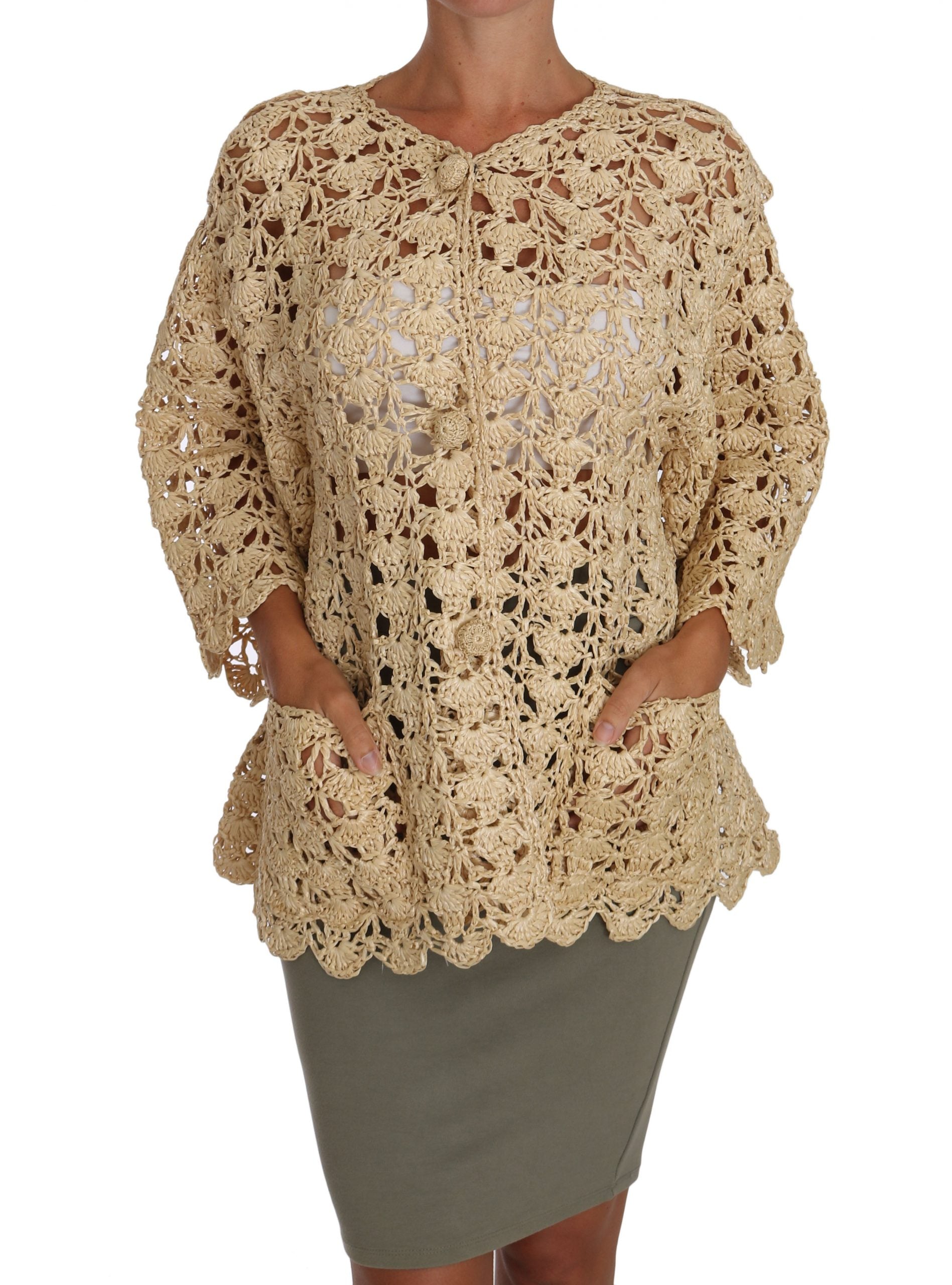 Dolce & Gabbana Cardigan Beige au Crochet en Maille de Rafia
