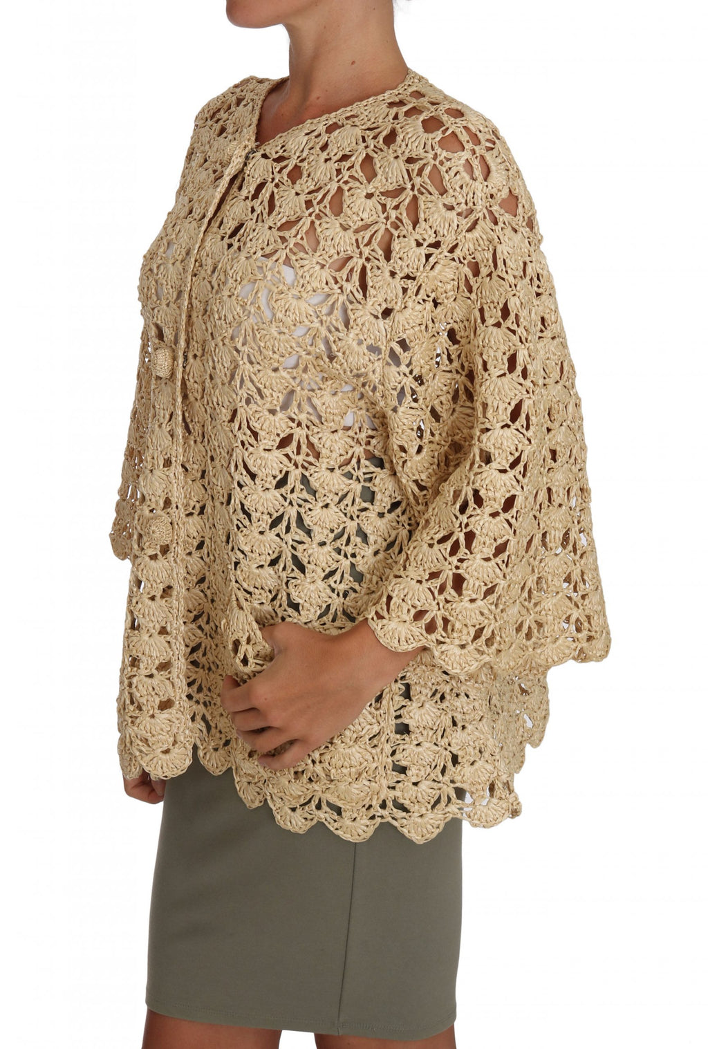 Dolce & Gabbana Cardigan Beige au Crochet en Maille de Rafia