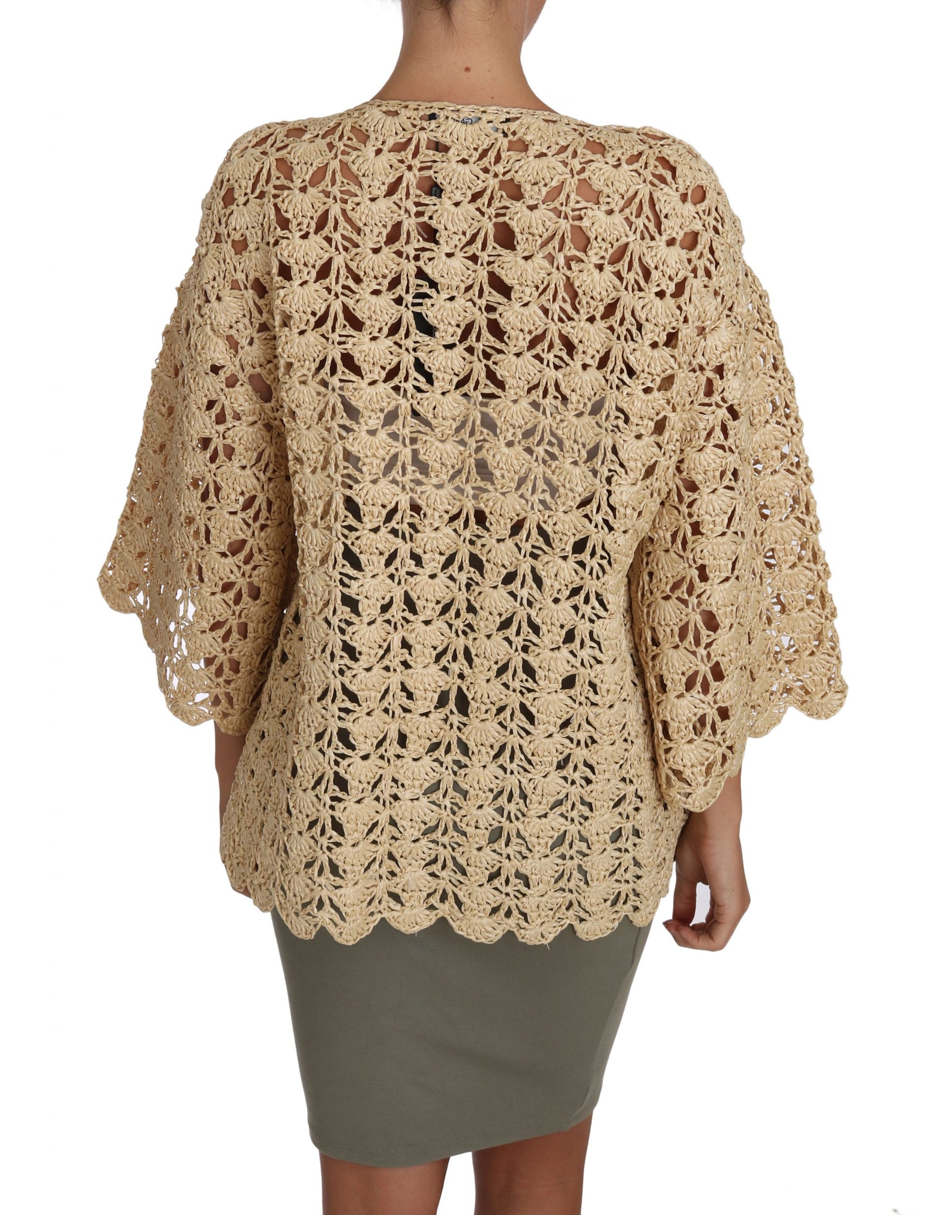 Dolce & Gabbana Cardigan Beige au Crochet en Maille de Rafia