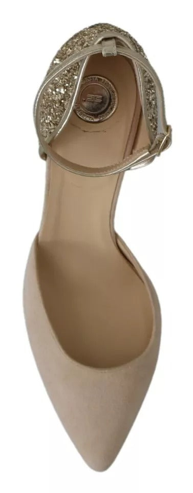 Chaussures à talons hauts Elisabetta Franchi en lin beige avec bride à la cheville