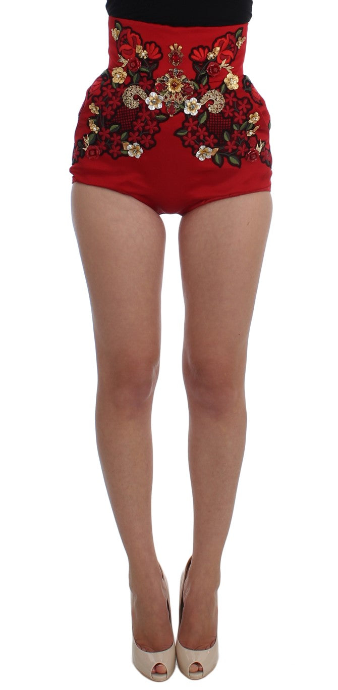 Short en soie rouge Dolce & Gabbana avec roses en cristal