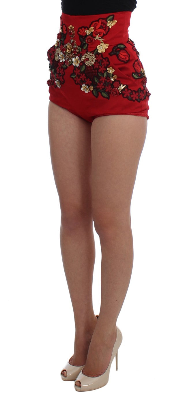 Short en soie rouge Dolce & Gabbana avec roses en cristal