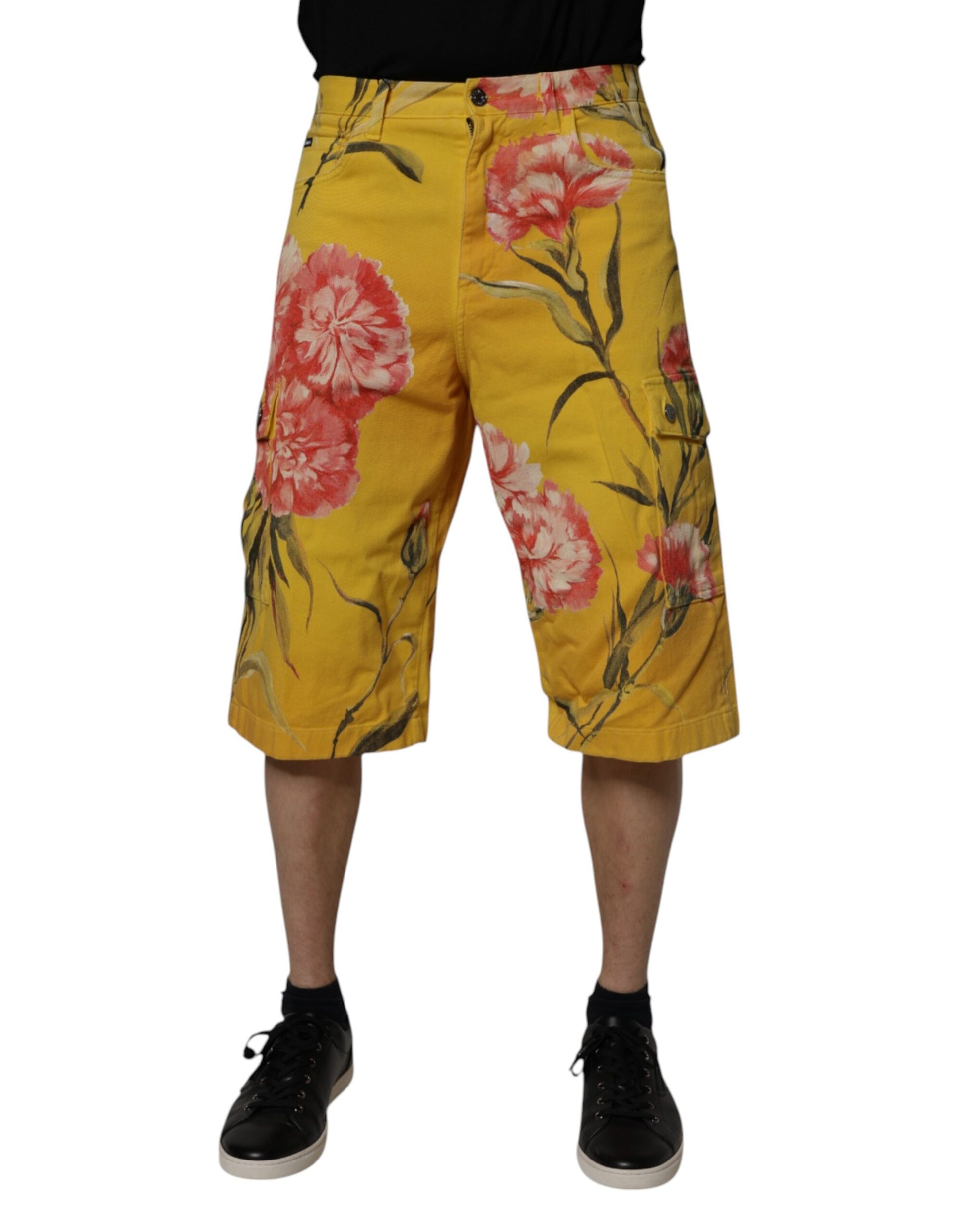 Shorts Bermudas Cargo en Denim Floral Jaune Dolce & Gabbana pour Homme