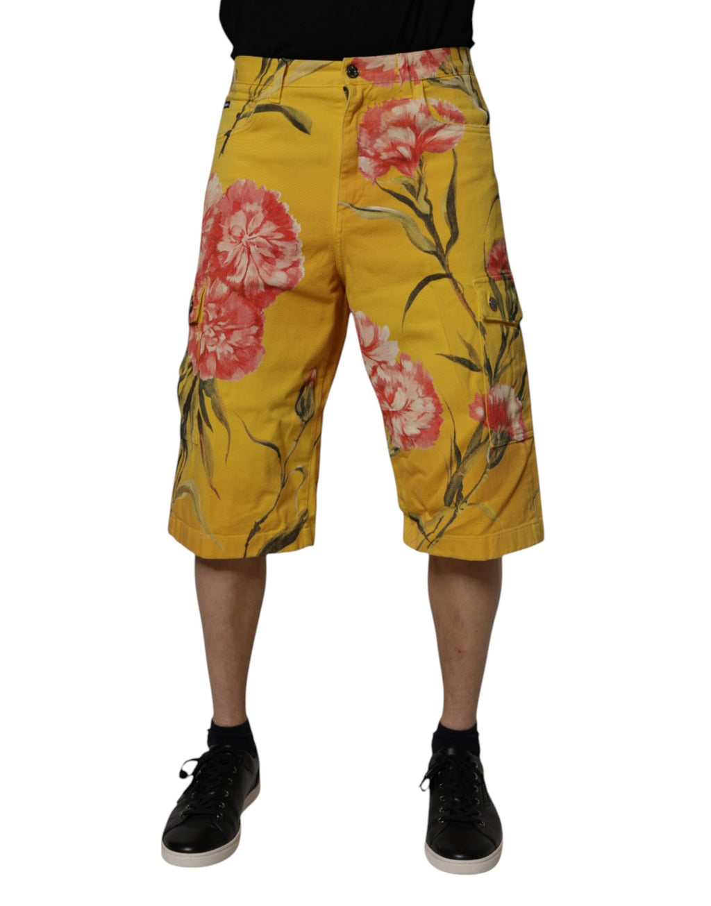 Shorts Bermudas Cargo en Denim Floral Jaune Dolce & Gabbana pour Homme