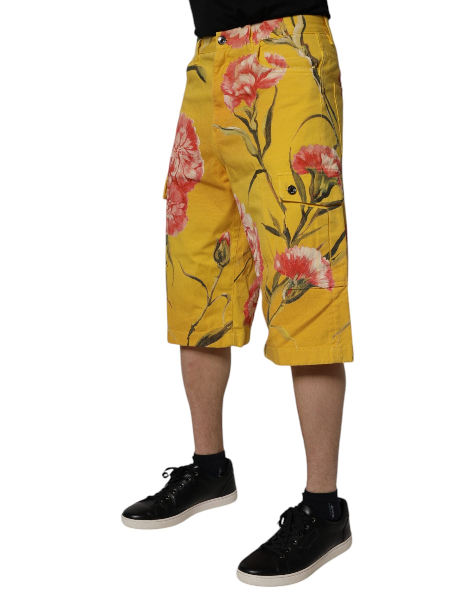 Shorts Bermudas Cargo en Denim Floral Jaune Dolce & Gabbana pour Homme
