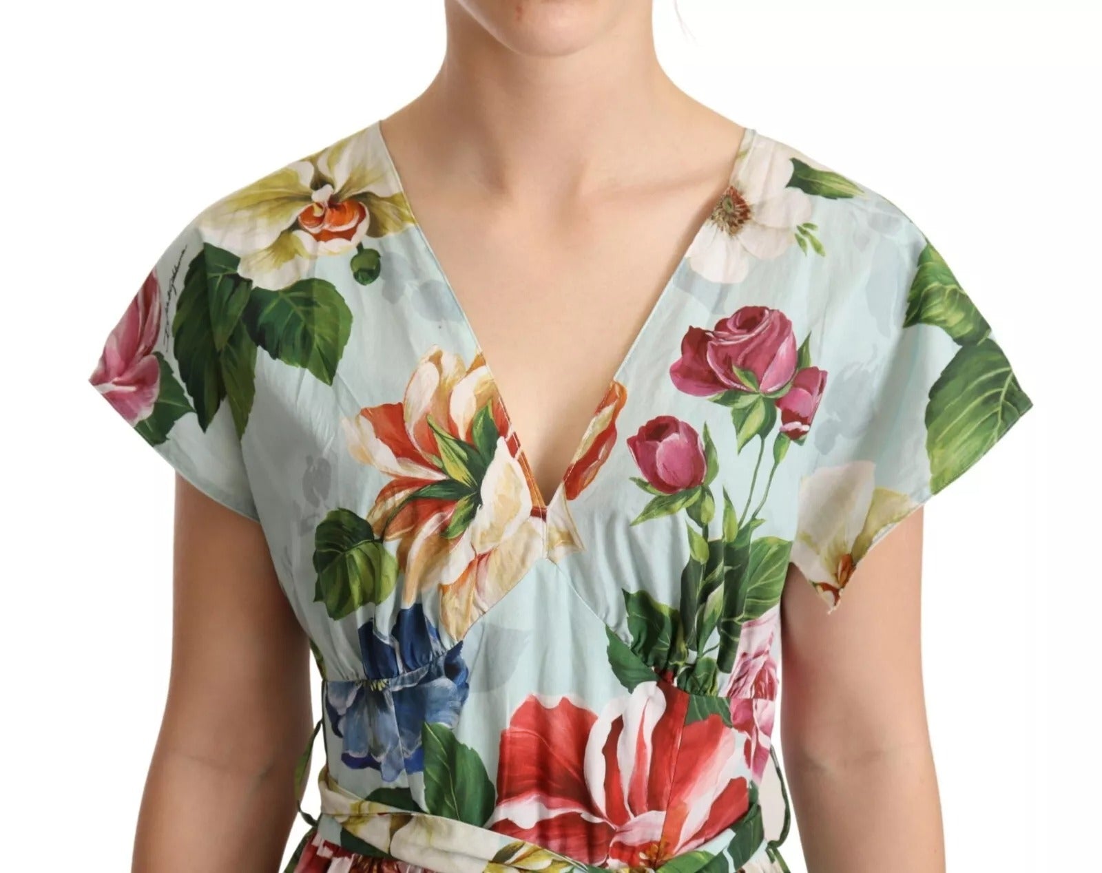 Robe Dolce & Gabbana en coton à fleurs vertes, manches courtes et col en V
