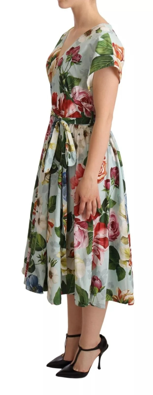 Robe Dolce & Gabbana en coton à fleurs vertes, manches courtes et col en V
