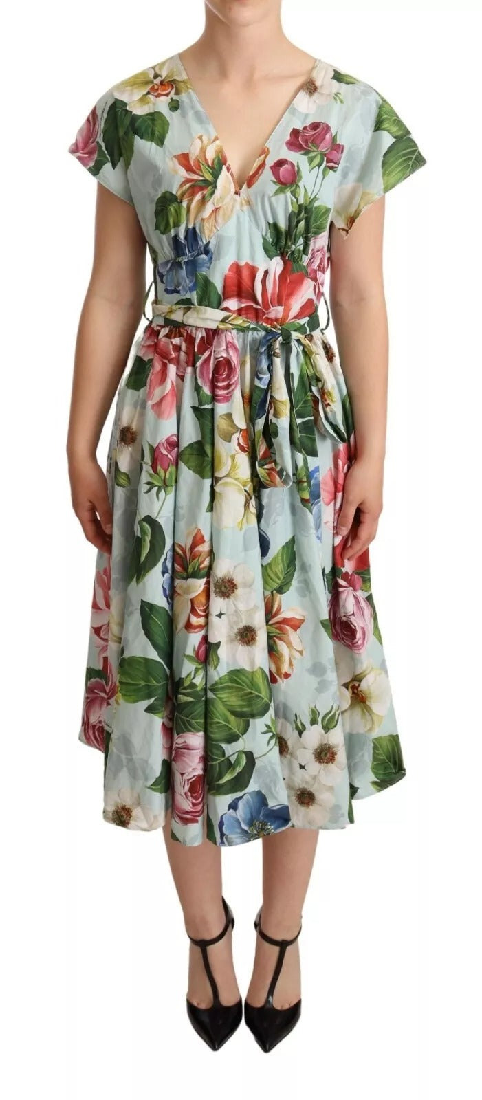 Robe Dolce & Gabbana en coton à fleurs vertes, manches courtes et col en V