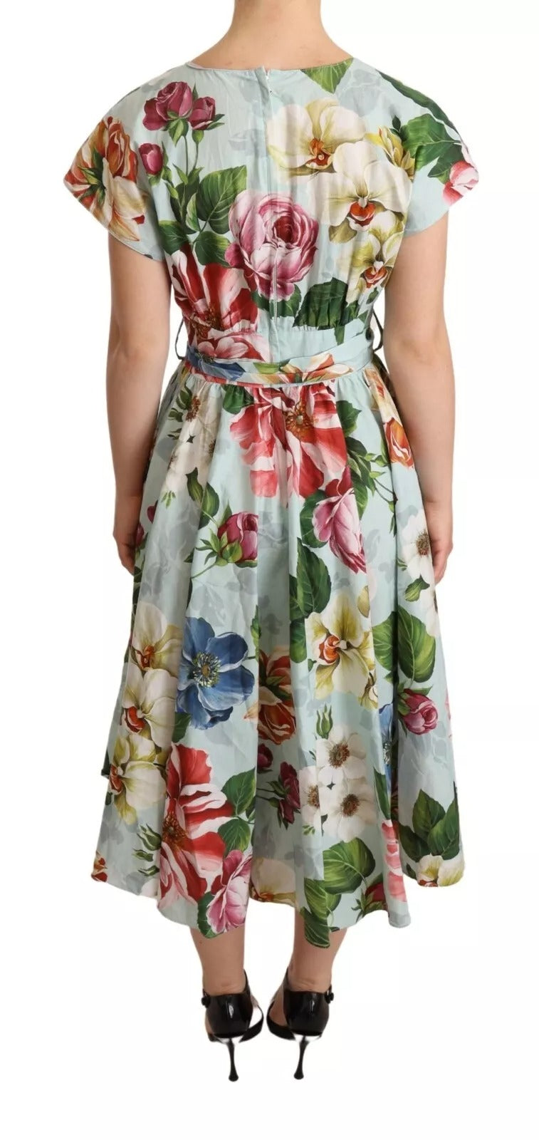 Robe Dolce & Gabbana en coton à fleurs vertes, manches courtes et col en V