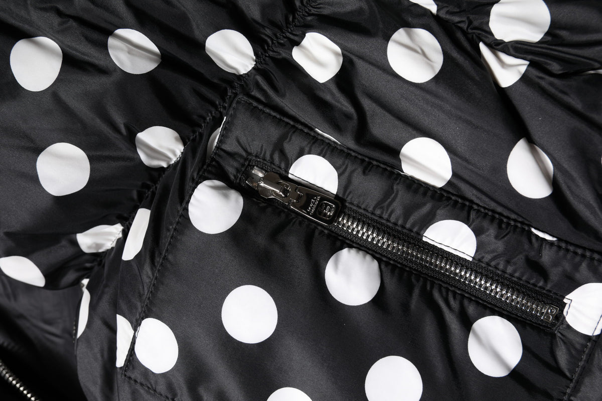 Dolce & Gabbana Schwarz-weiße gepunktete Pufferjacke mit durchgehendem Reißverschluss