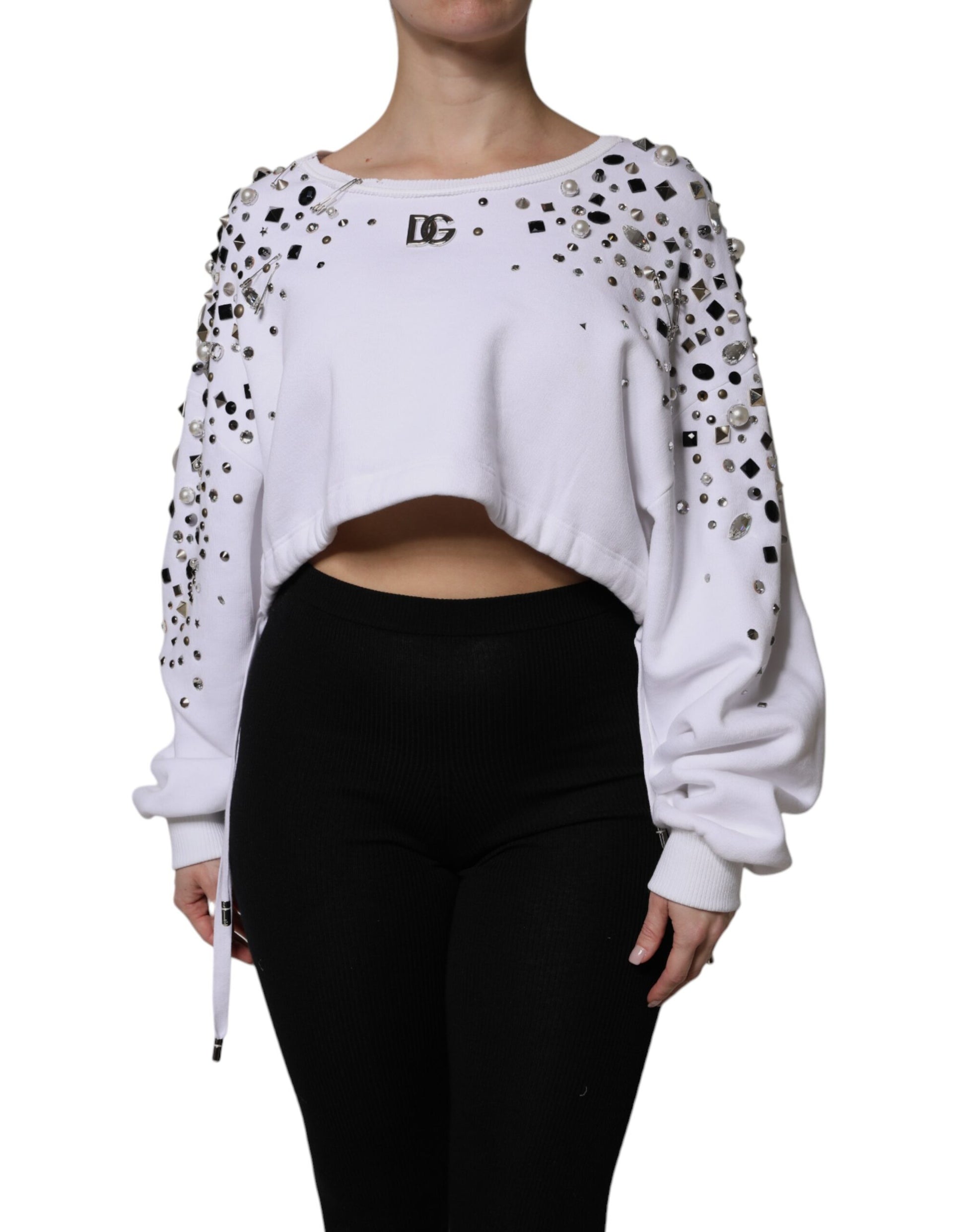Pull court à manches longues orné Dolce & Gabbana blanc