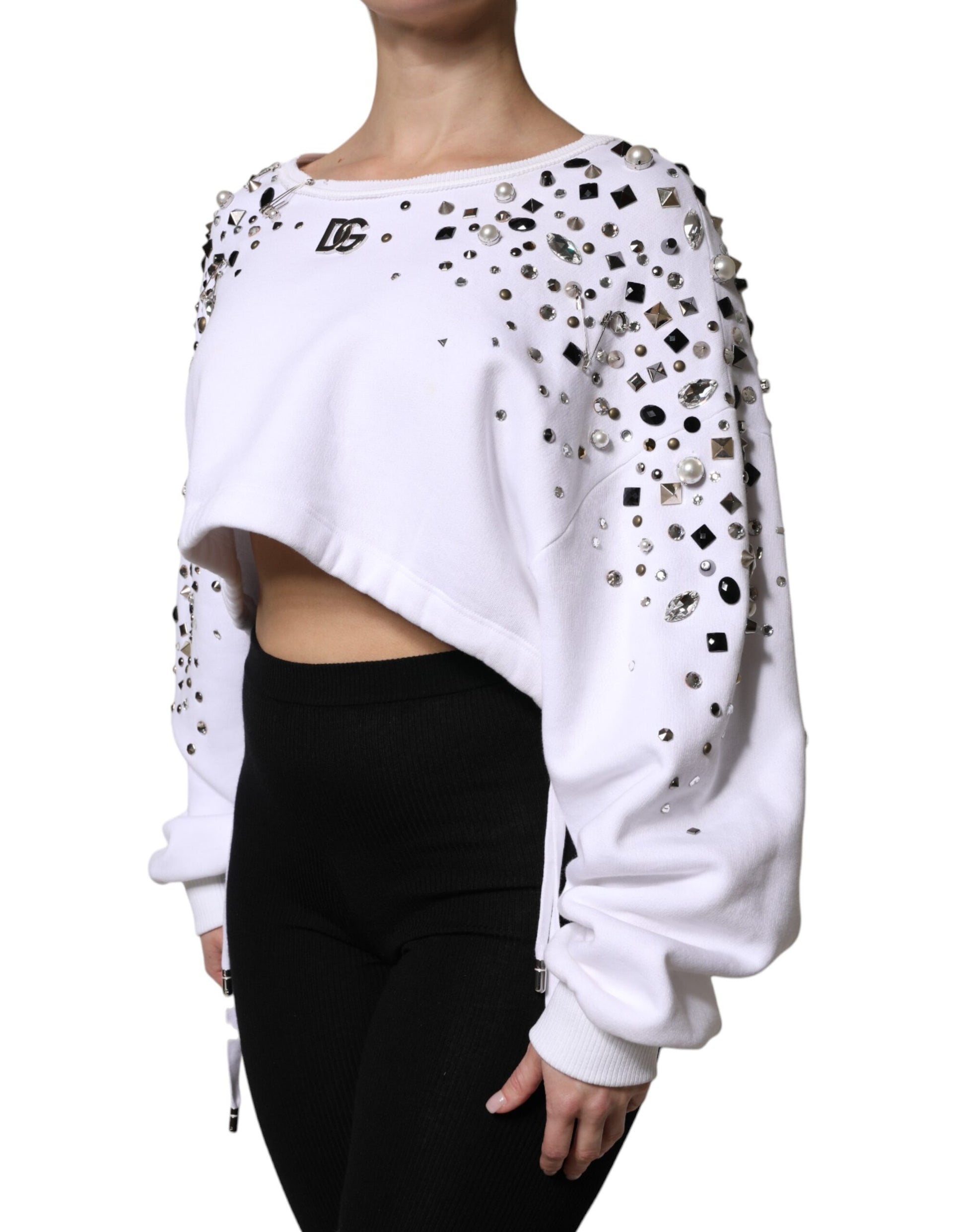 Pull court à manches longues orné Dolce & Gabbana blanc