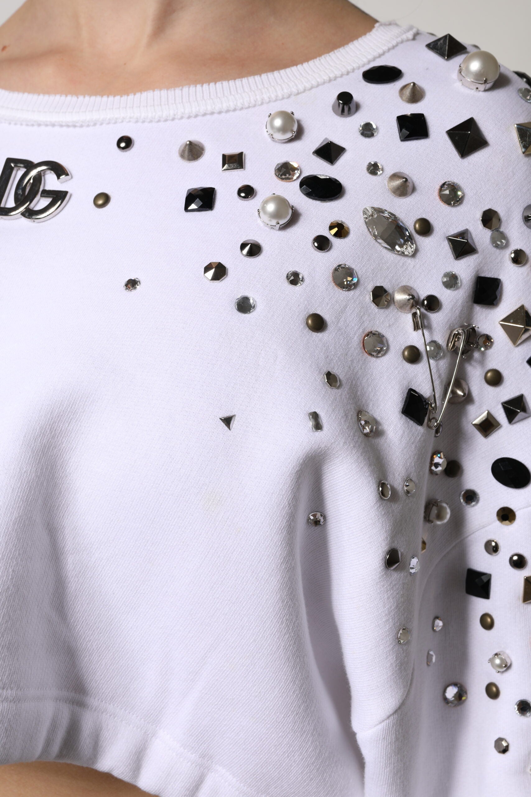 Pull court à manches longues orné Dolce & Gabbana blanc