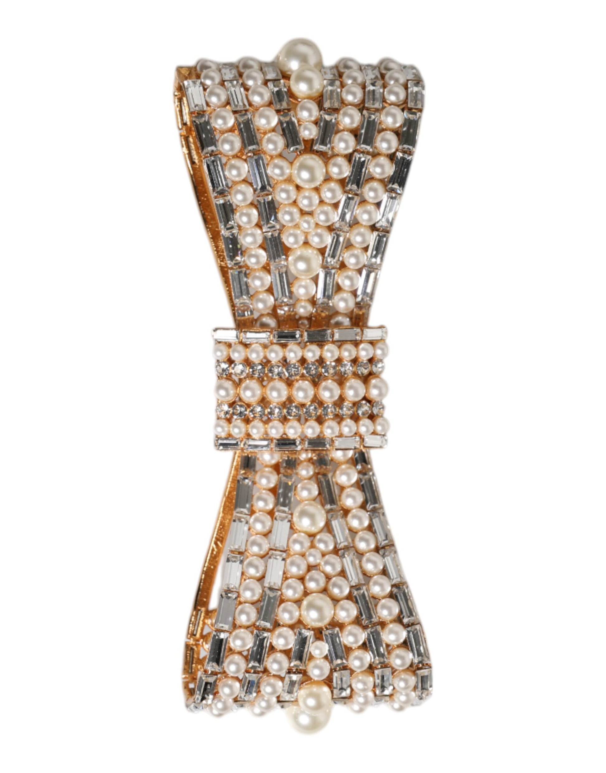 Broche Dolce & Gabbana en laiton doré avec nœud, cristaux et fausses perles