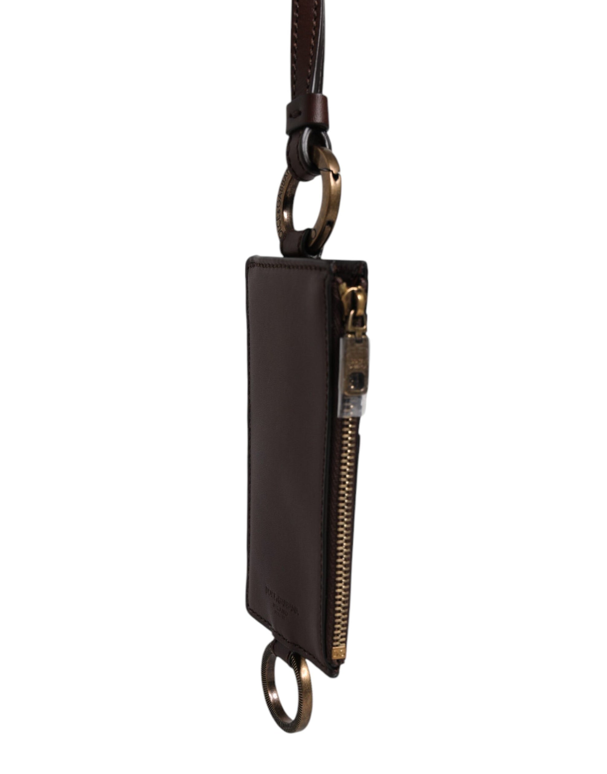 Dolce & Gabbana Brown Calf Leather Lanyard Logo Card Holder Wallet
