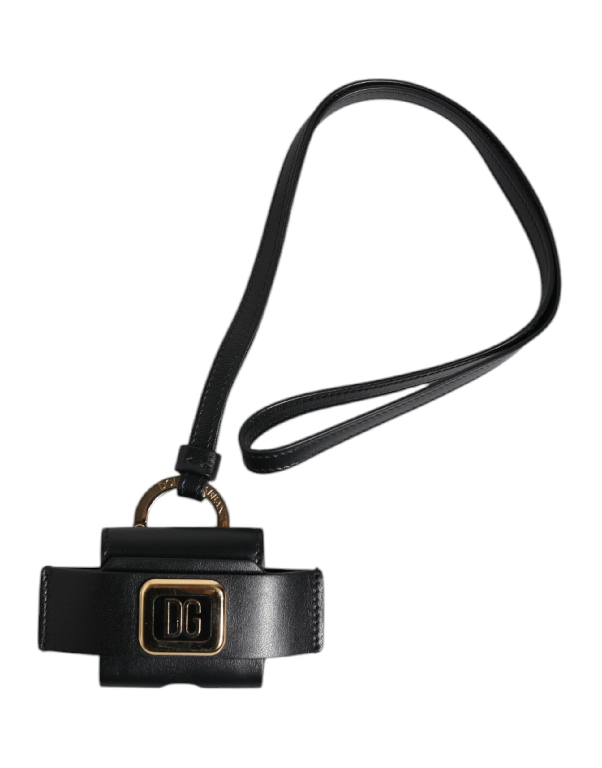 Dolce & Gabbana Black Leather Strap Gold Metal Logo Plaque Airpods Case
