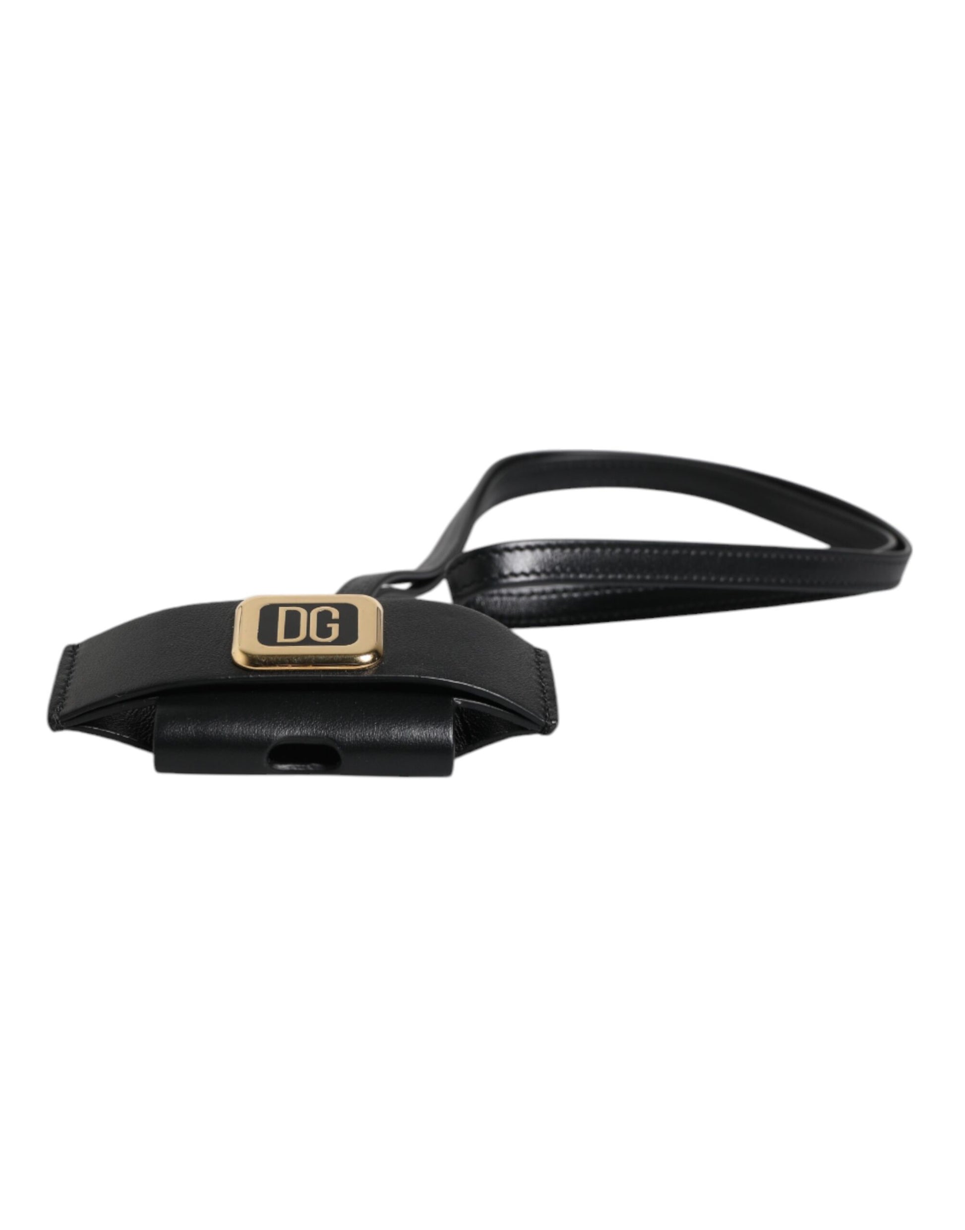 Dolce & Gabbana Black Leather Strap Gold Metal Logo Plaque Airpods Case
