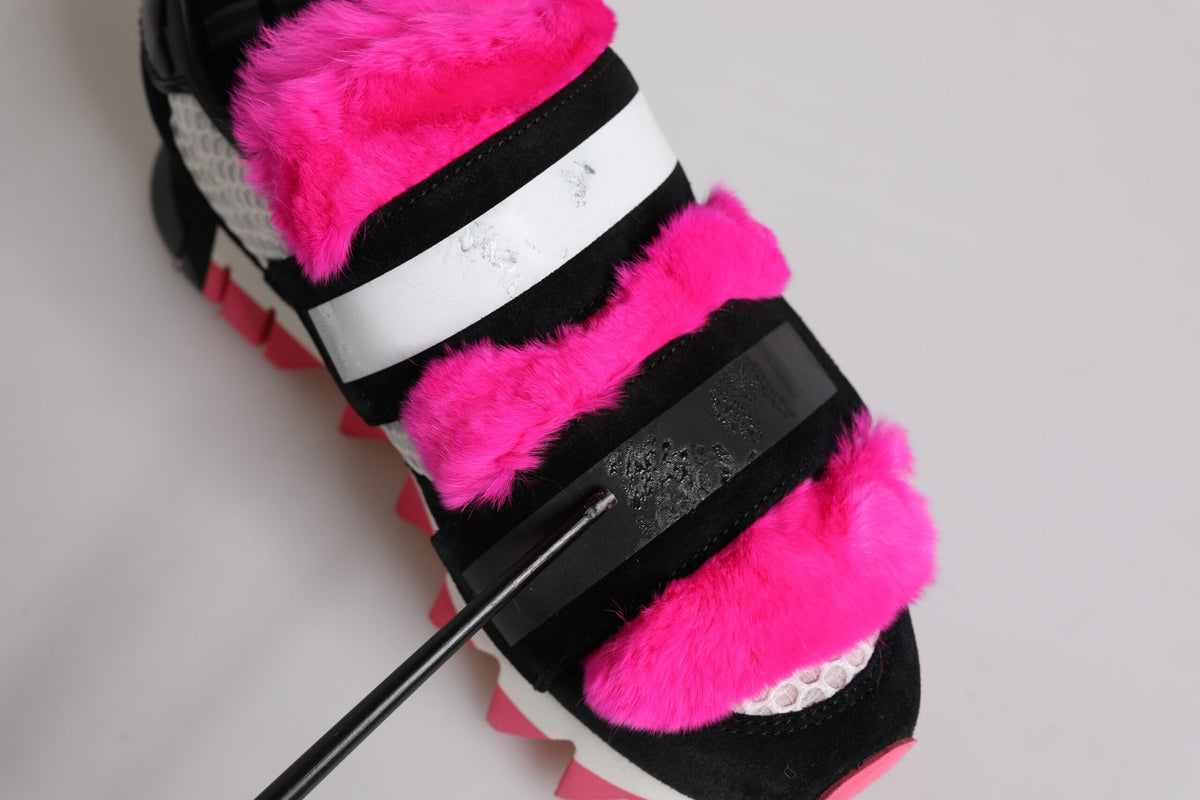 Dolce & Gabbana Schwarze Pinkfarbene Pelzbesetzte Sneakers Schuhe