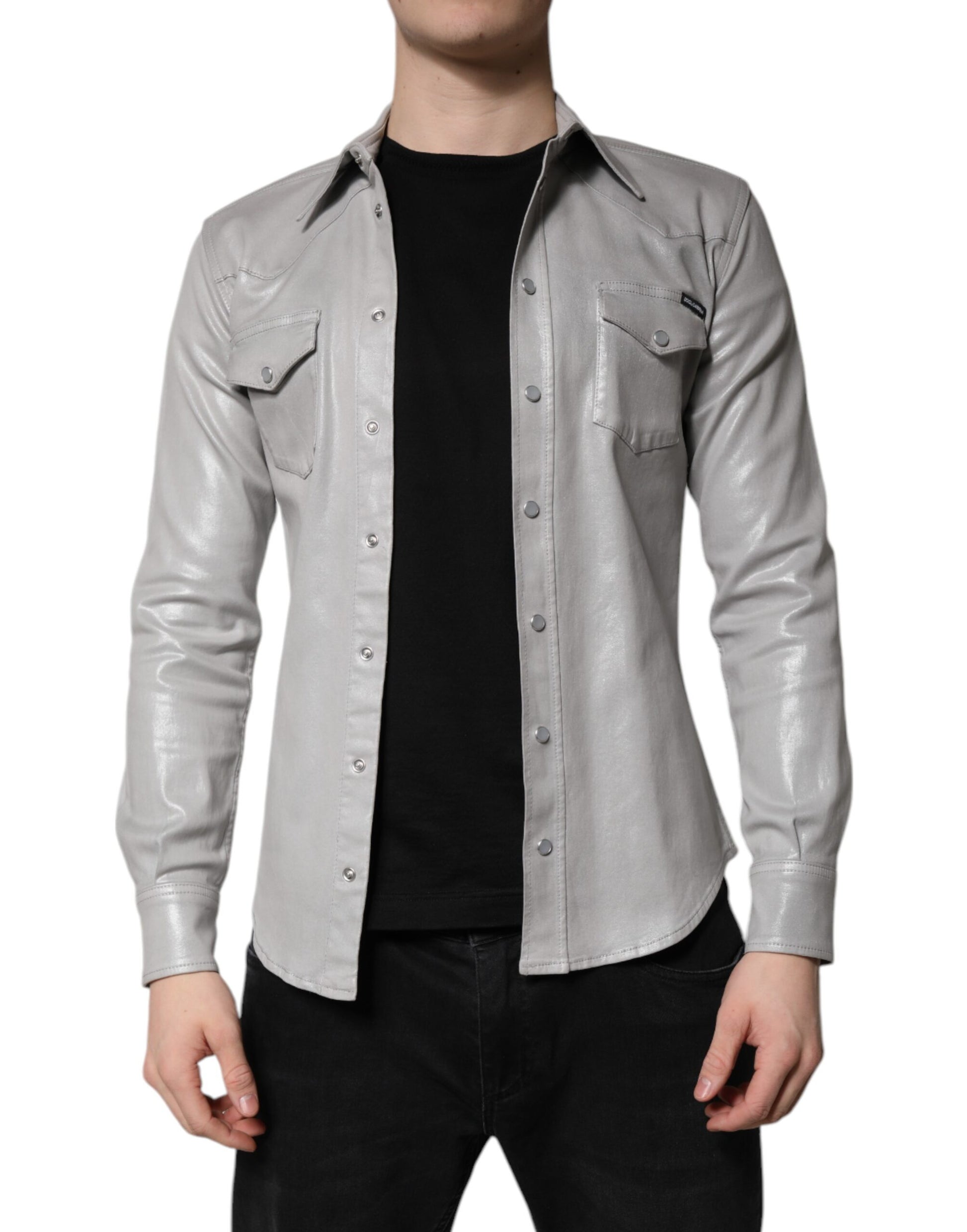 Chemise boutonnée en coton gris métallisé Dolce & Gabbana