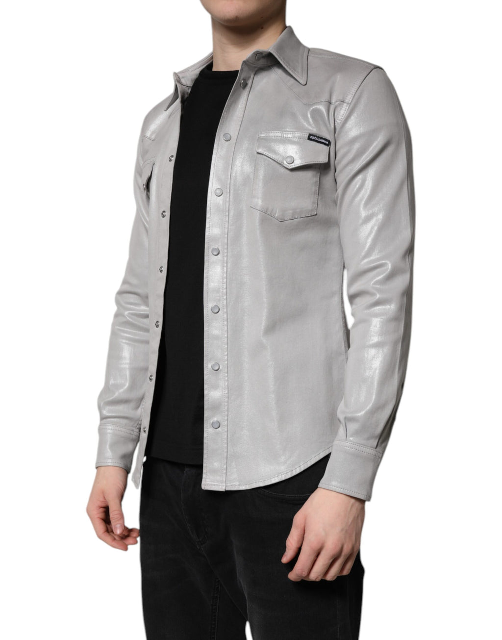 Chemise boutonnée en coton gris métallisé Dolce & Gabbana