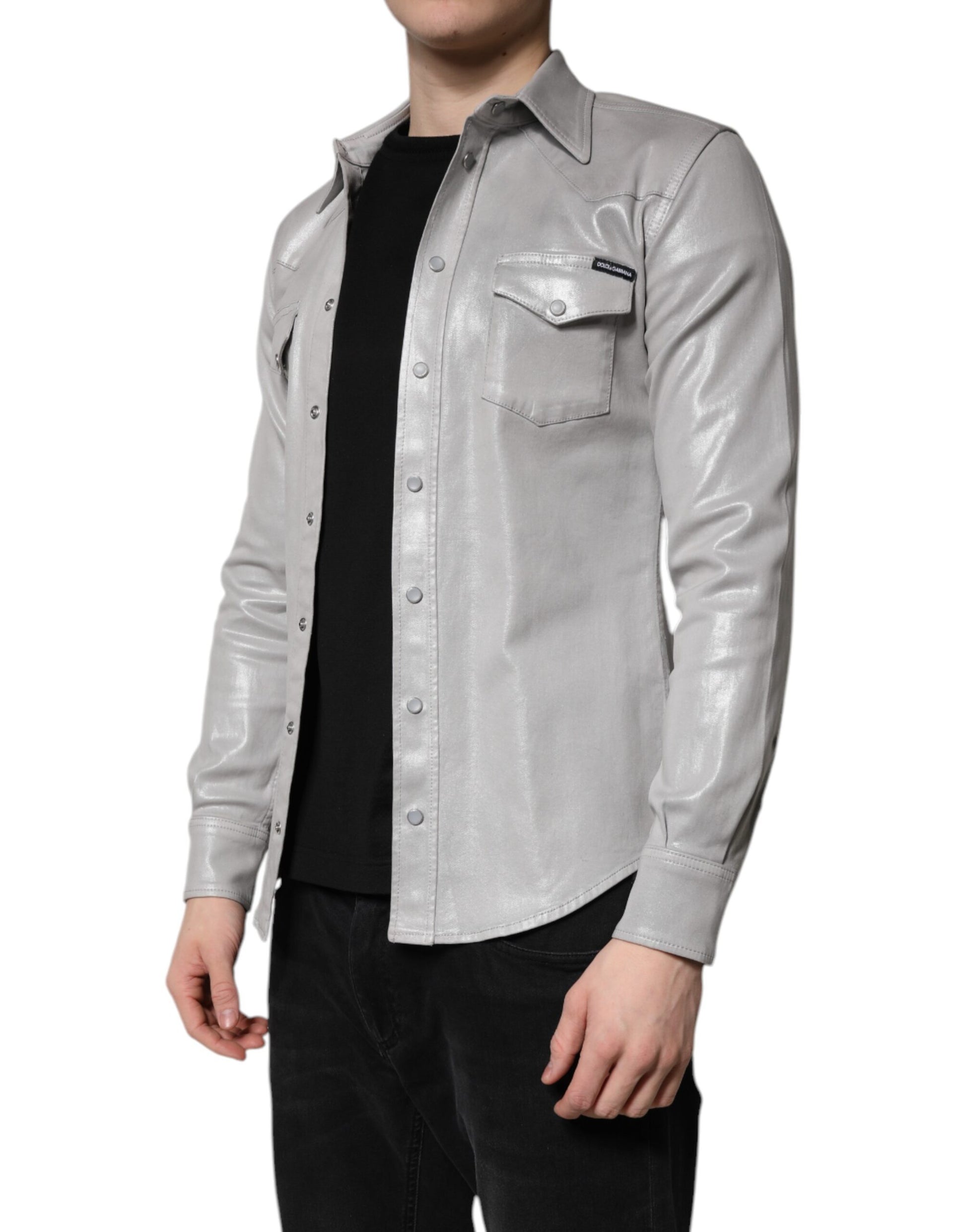 Chemise boutonnée en coton gris métallisé Dolce & Gabbana