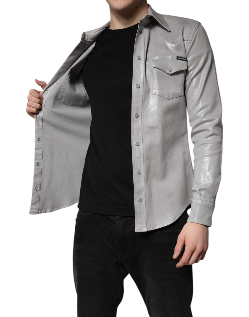 Chemise boutonnée en coton gris métallisé Dolce & Gabbana