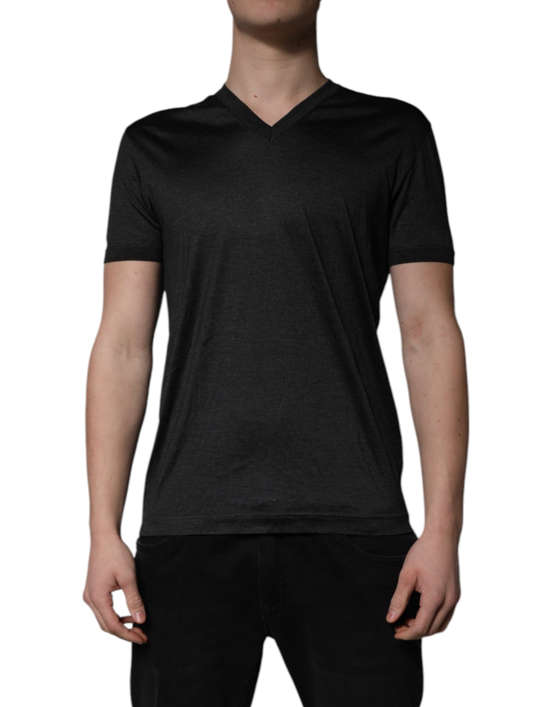 T-shirt Dolce & Gabbana gris foncé en soie à col en V et manches courtes
