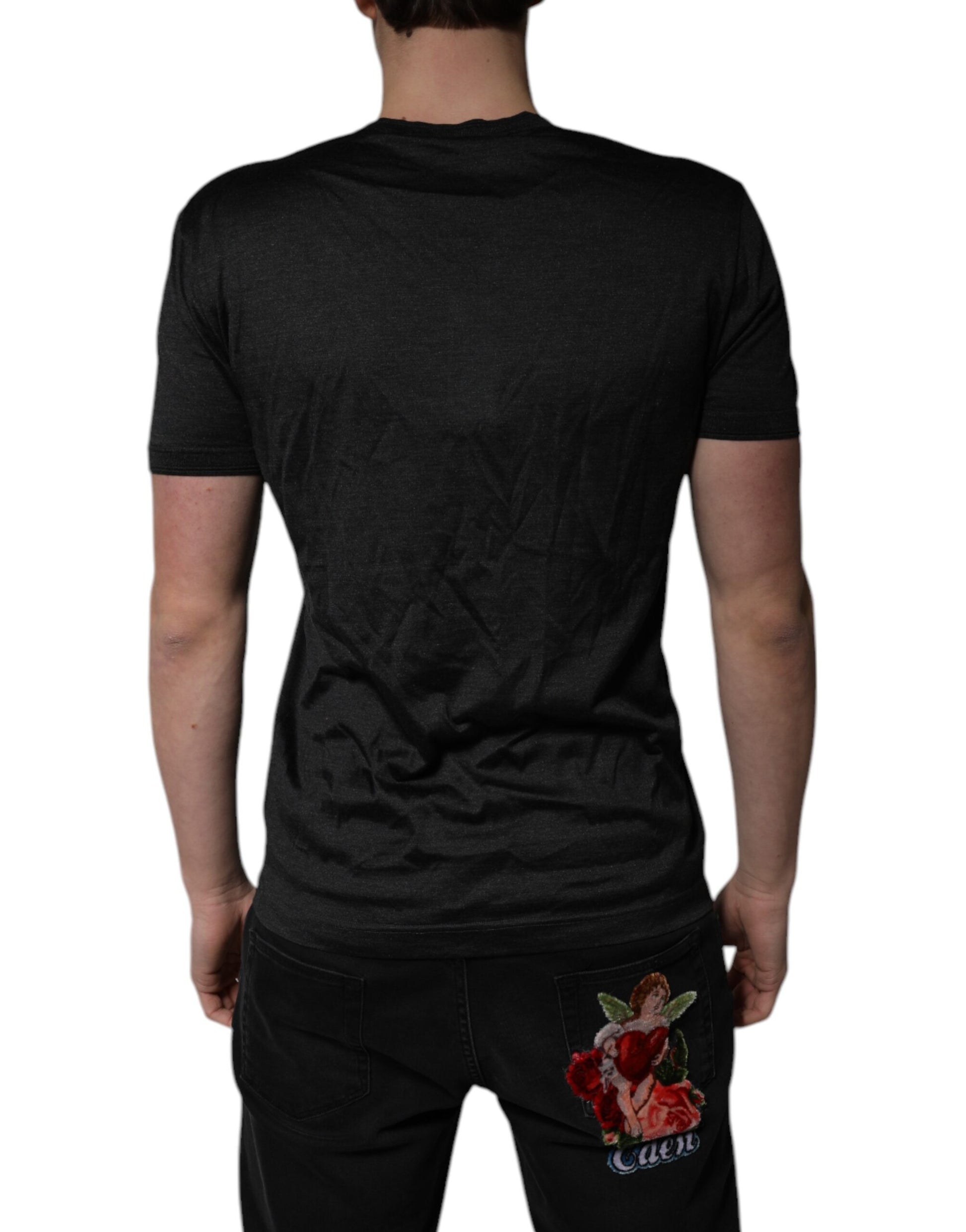 T-shirt Dolce & Gabbana gris foncé en soie à col en V et manches courtes