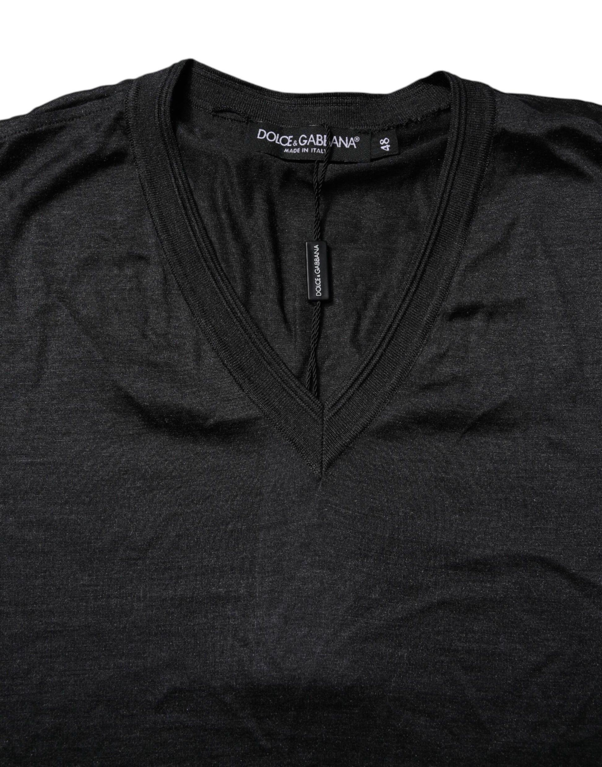 T-shirt Dolce & Gabbana gris foncé en soie à col en V et manches courtes