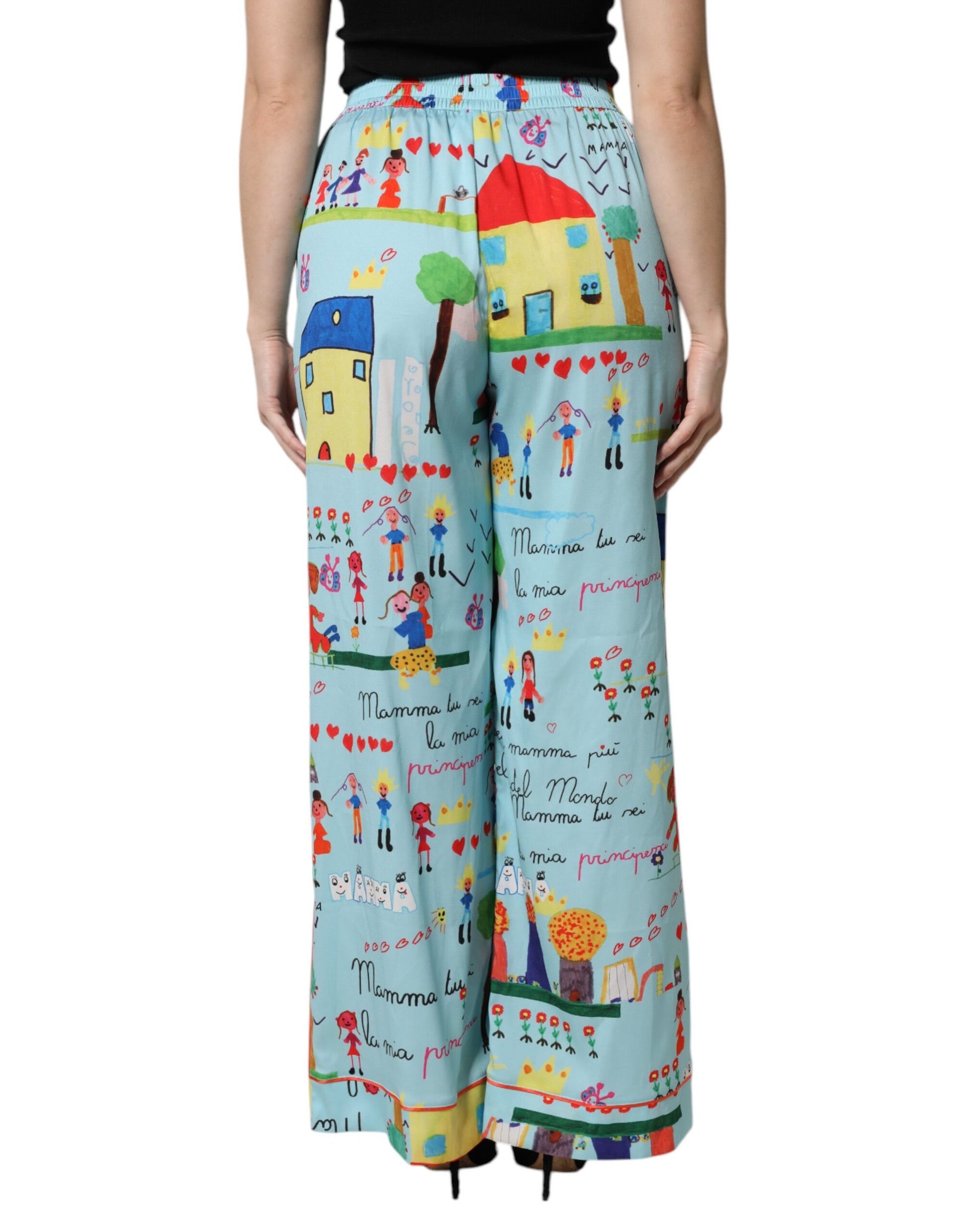 Dolce & Gabbana Light Blue Drawing Mid Waist Wide Leg Pants