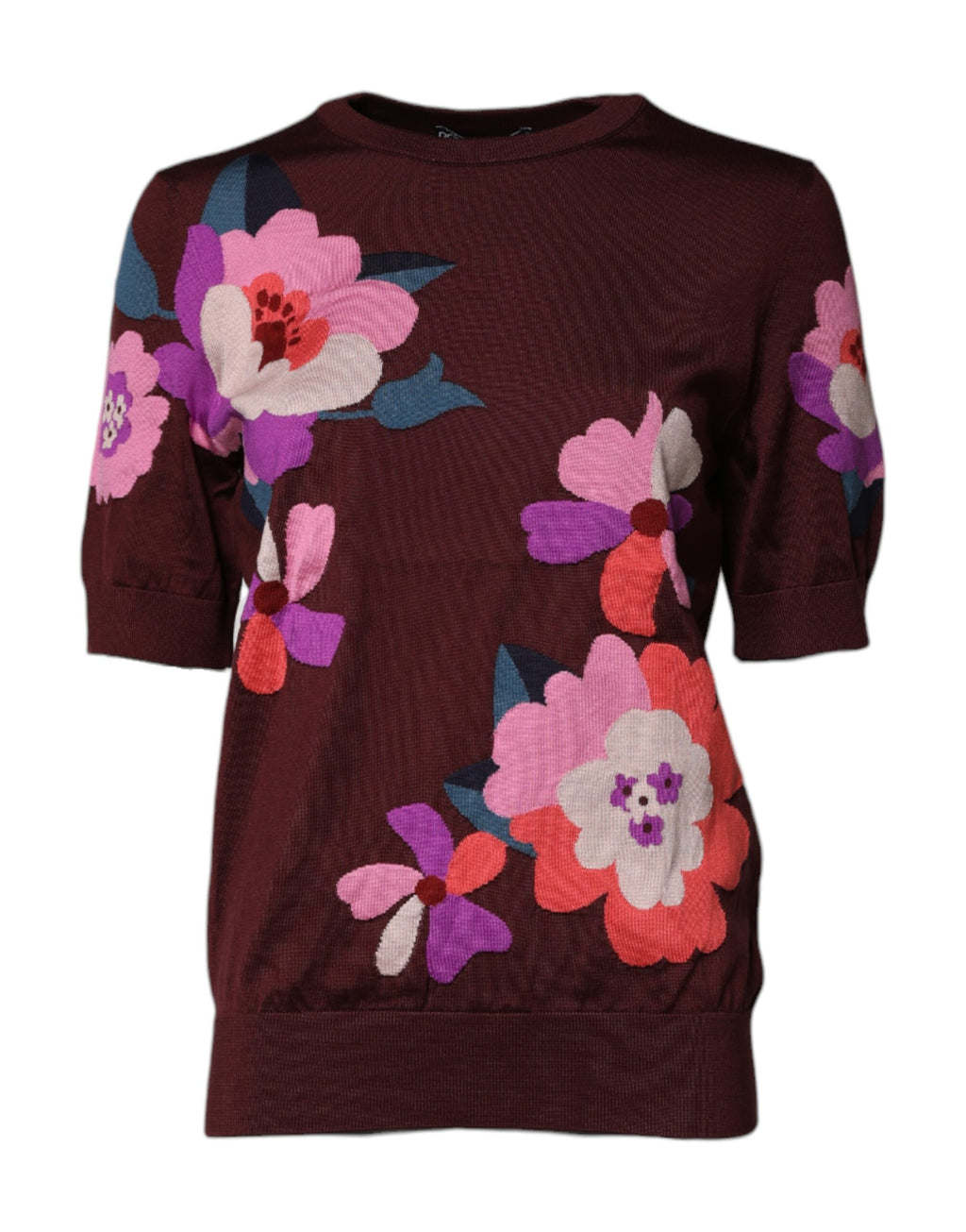 Haut/Chemisier Dolce & Gabbana en Soie à Col Rond, Motif Floral, Couleur Marron