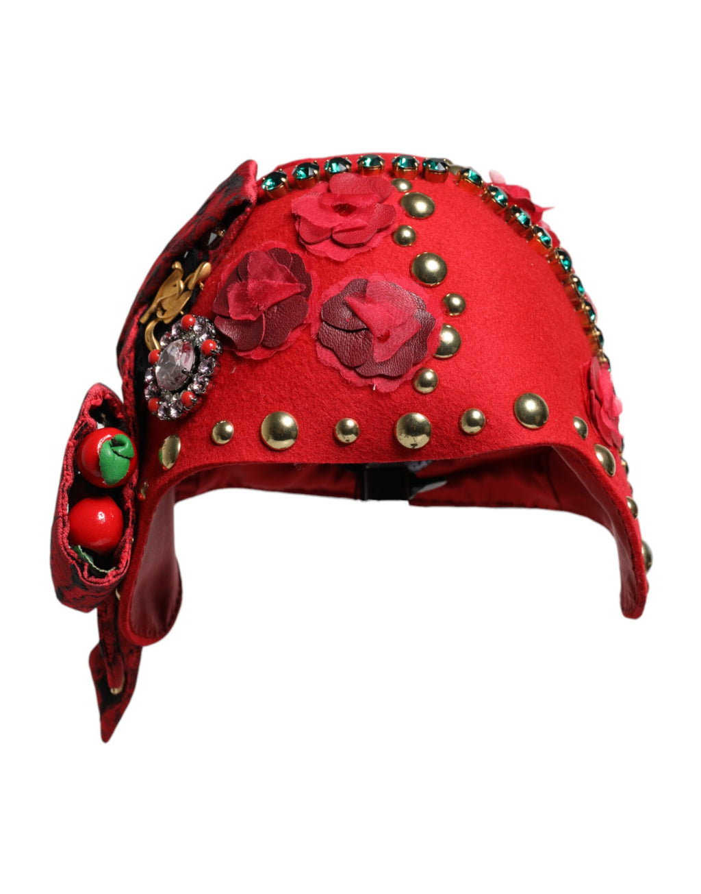 Chapeau orné d'une broche Dolce & Gabbana en forme de roses rouges en cristal et or