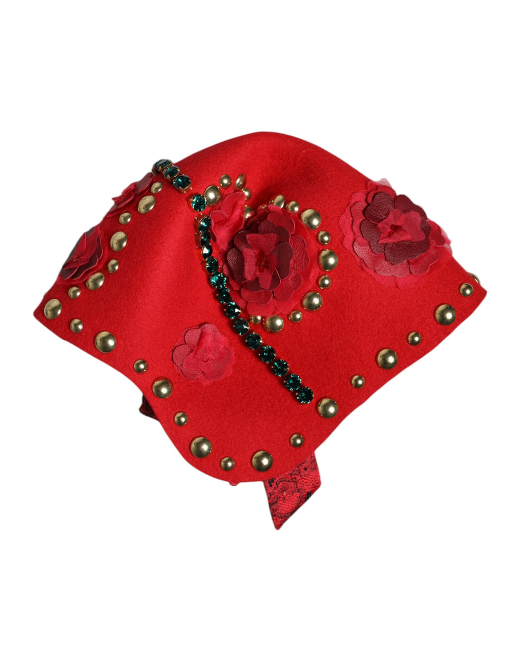 Chapeau orné d'une broche Dolce & Gabbana en forme de roses rouges en cristal et or