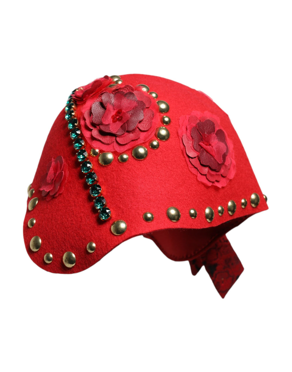 Chapeau orné d'une broche Dolce & Gabbana en forme de roses rouges en cristal et or
