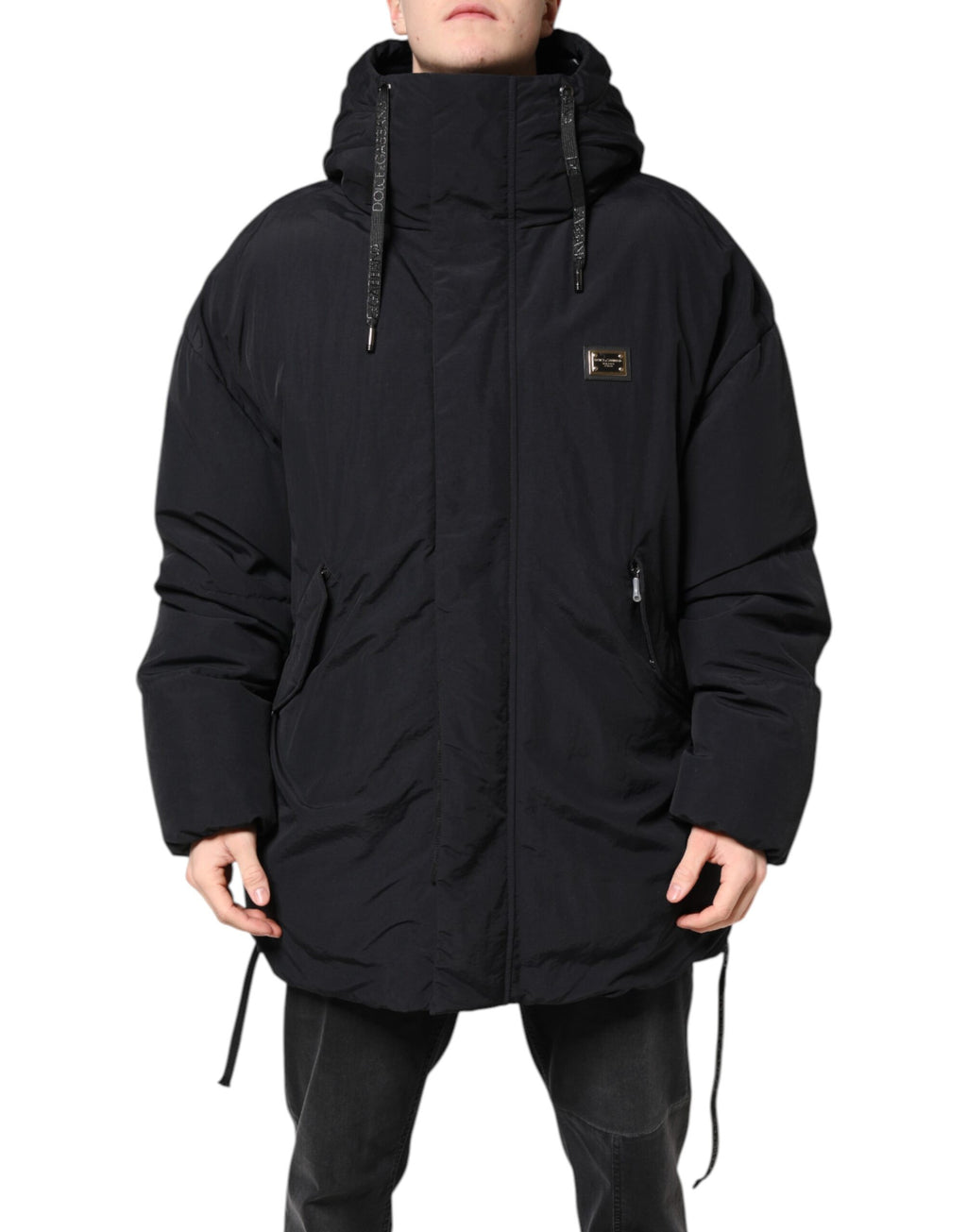 Dolce & Gabbana Schwarze Nylon-Kapuzenparka-Jacke mit durchgehendem Reißverschluss