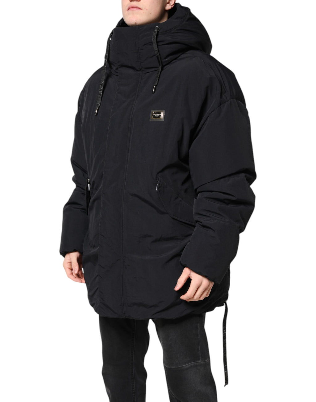 Dolce & Gabbana Schwarze Nylon-Kapuzenparka-Jacke mit durchgehendem Reißverschluss