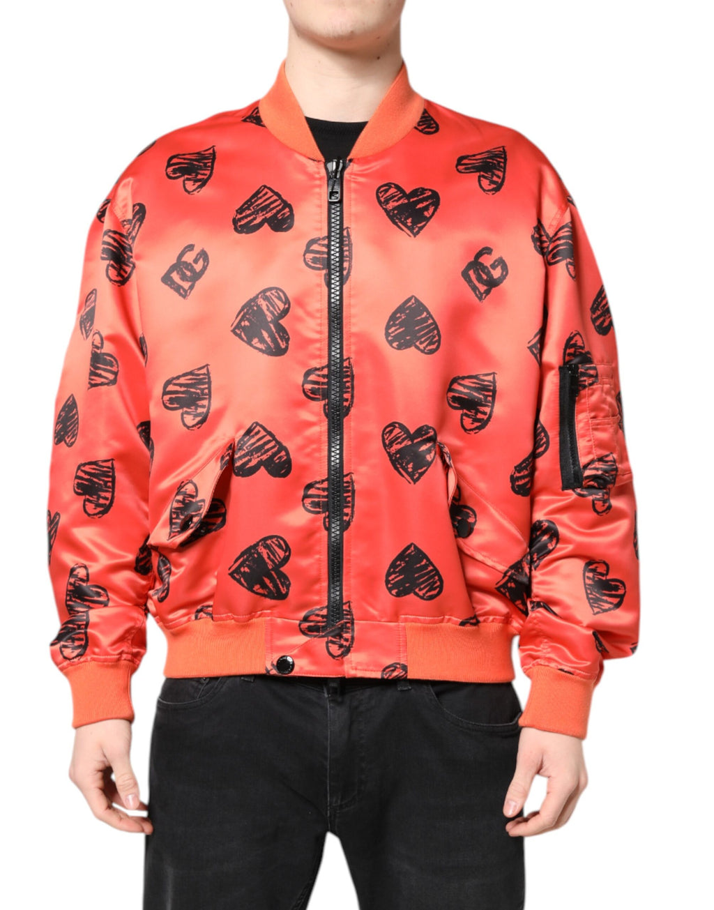 Blouson Bomber Homme Dolce & Gabbana Cœur DG Orange Entièrement Zippé