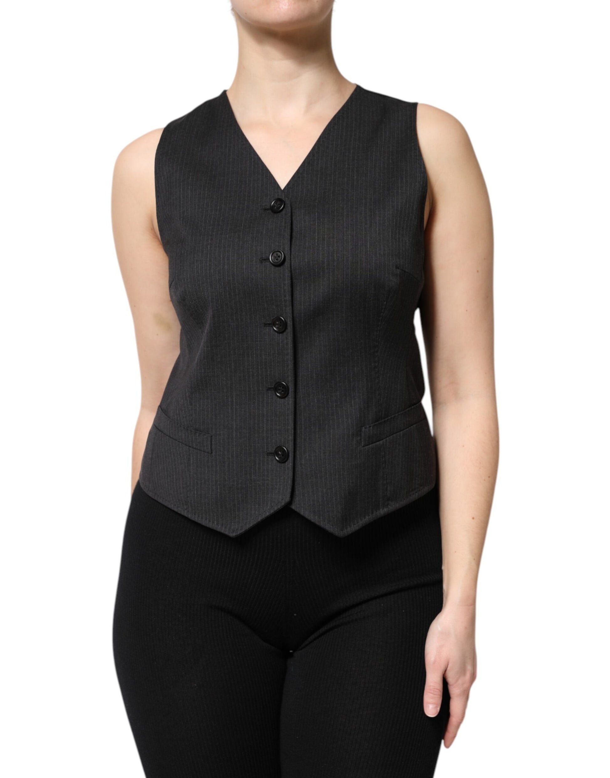 Dolce & Gabbana Black Striped Button Down Sleeveless Vest Top