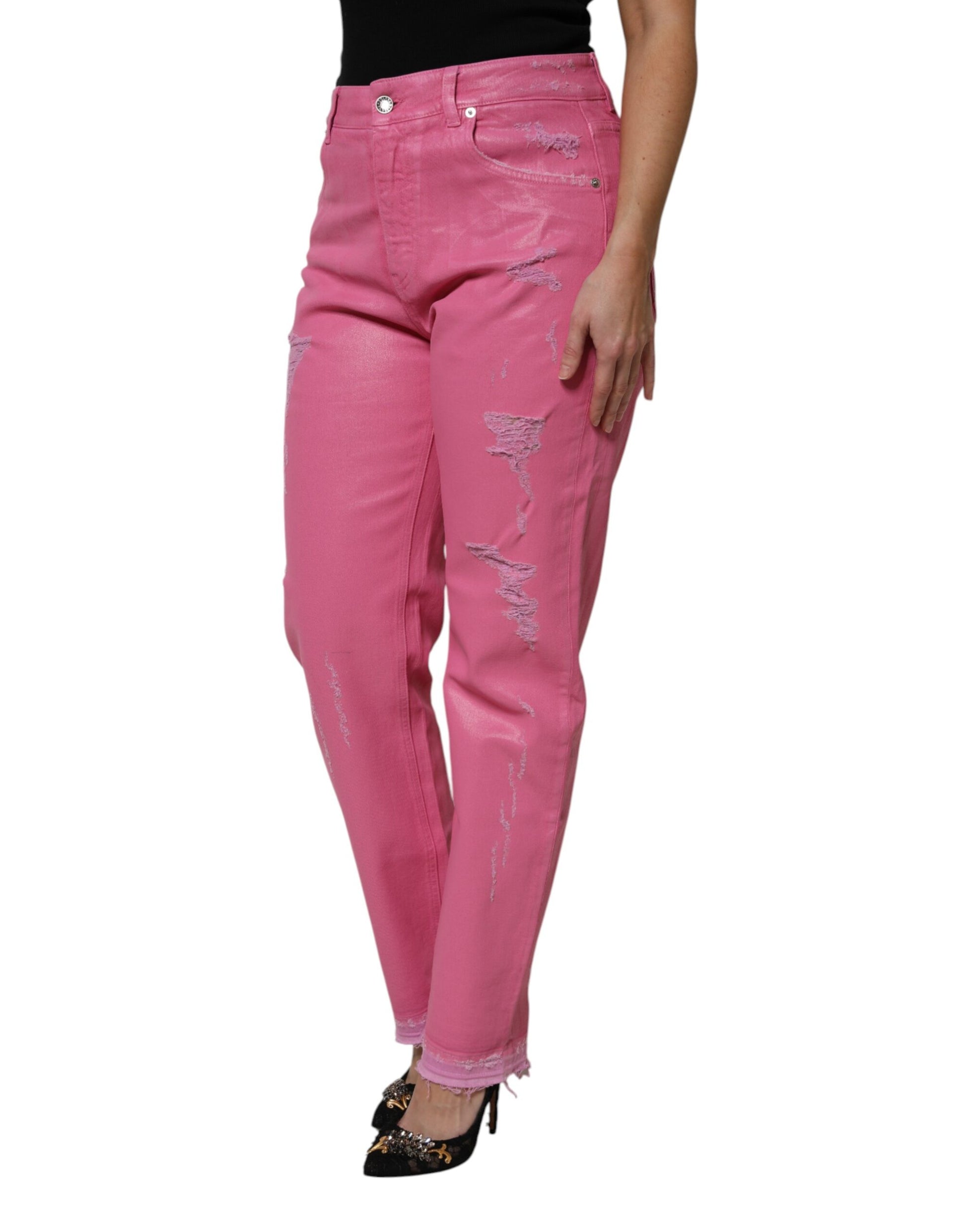 Dolce & Gabbana Pink Tattered Mid Waist Tapered Denim Jeans