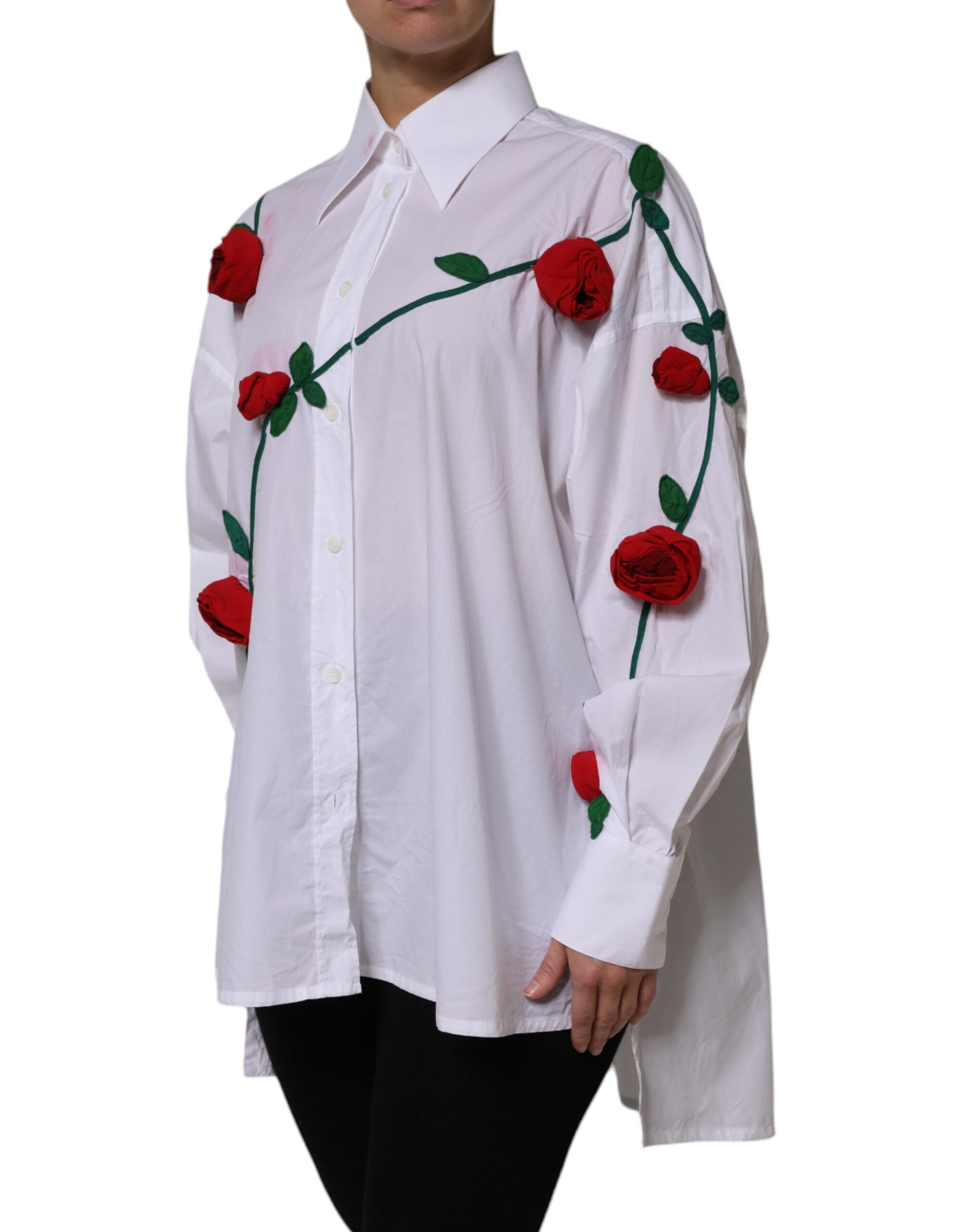 Dolce & Gabbana White Cotton Floral Appliques Dress Shirt Top