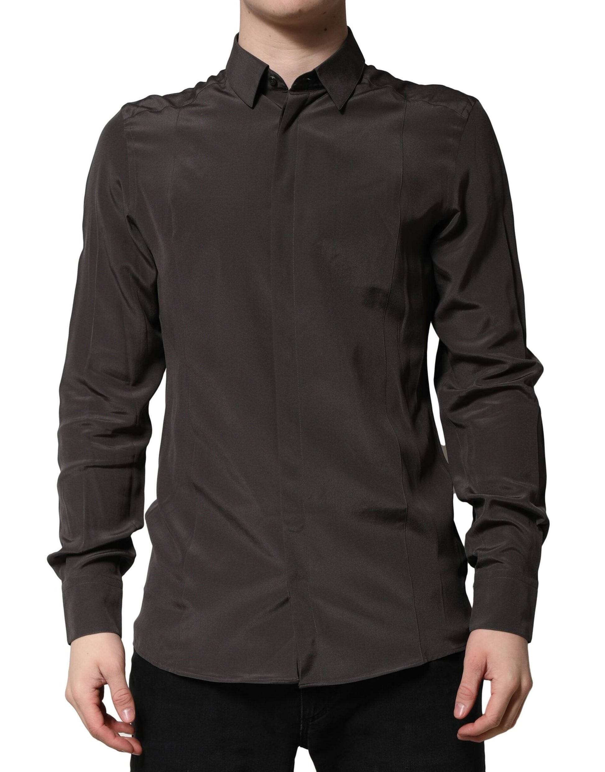Dolce & Gabbana Dark Brown Silk GOLD Men Dress Formal Shirt