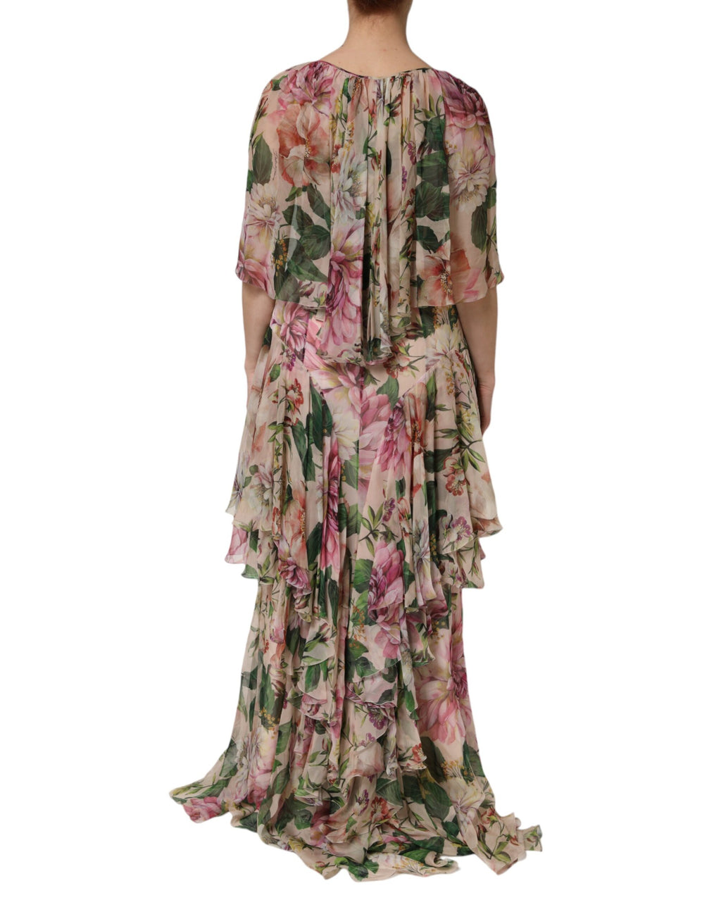 Robe longue à volants imprimée floral rose Dolce & Gabbana