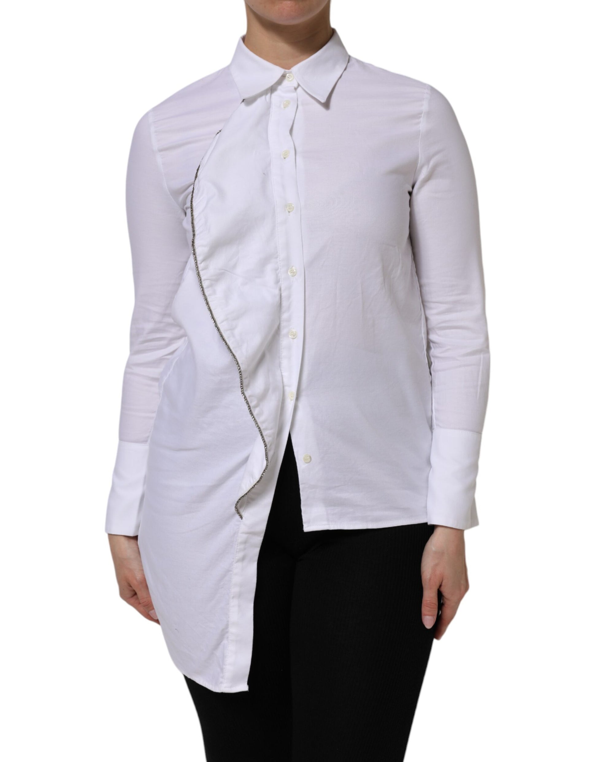 Chemise boutonnée à manches longues en coton blanc à col et volants AGLINI