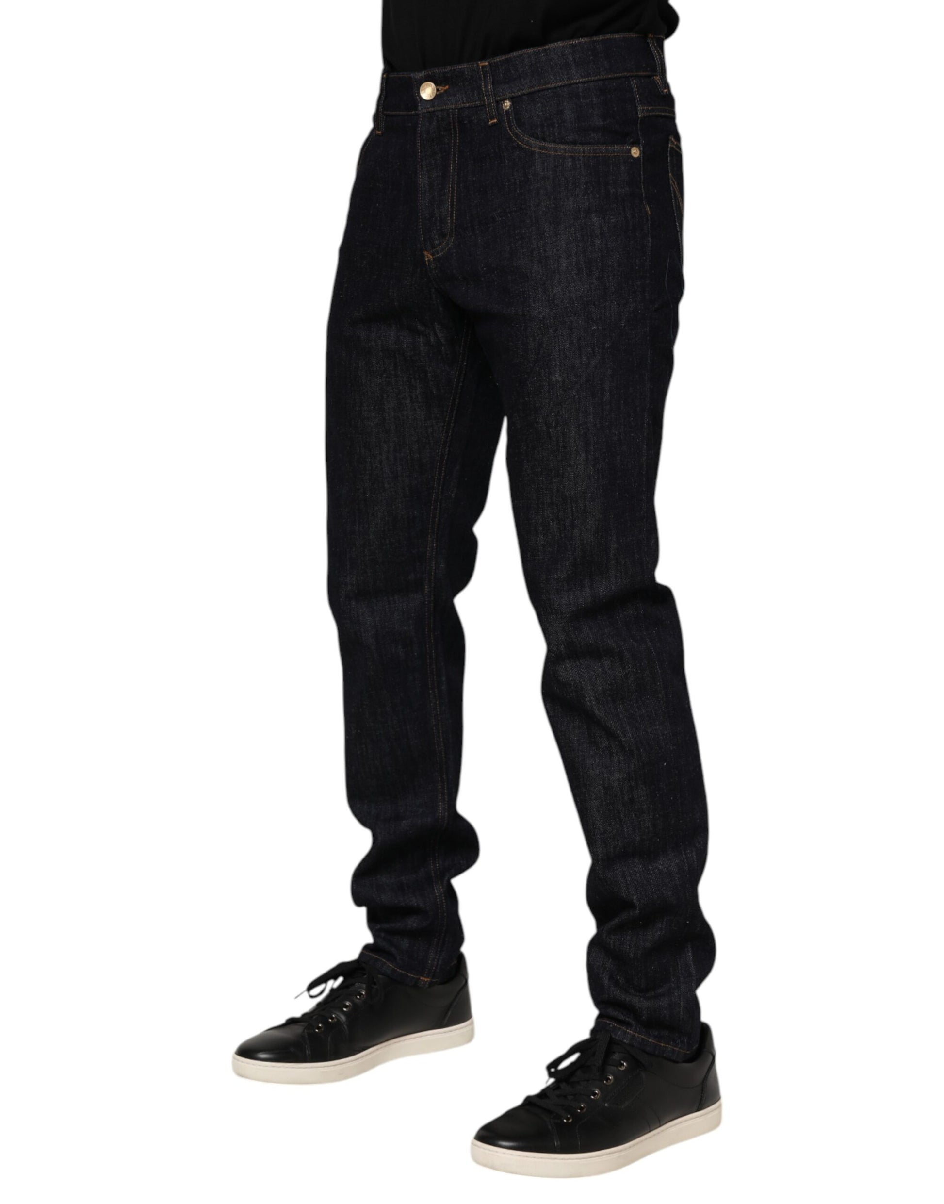 Dolce & Gabbana Dark Blue Cotton Logo Plaque Men Denim Jeans