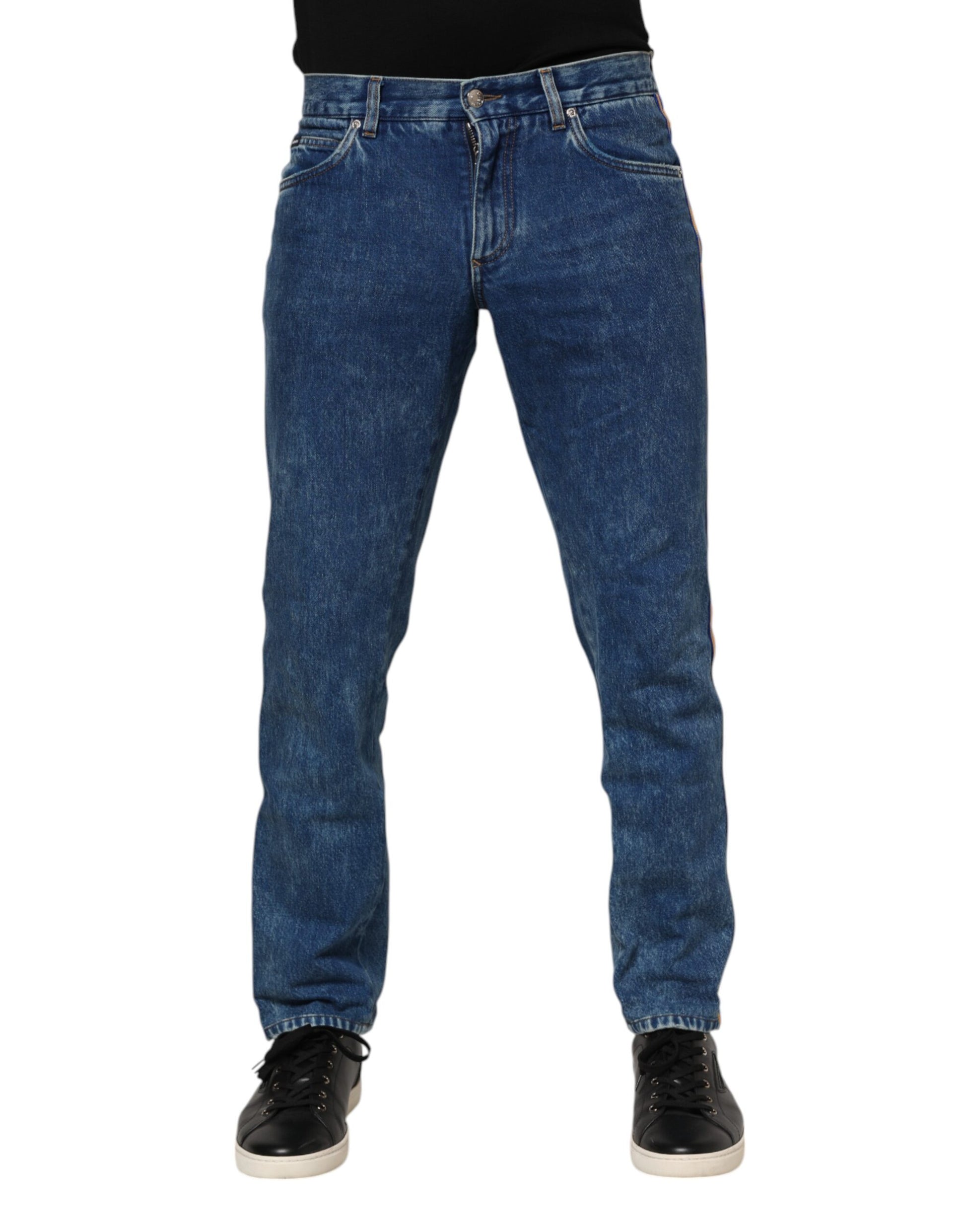 Dolce & Gabbana Blue Cotton Logo Plaque Denim Jeans